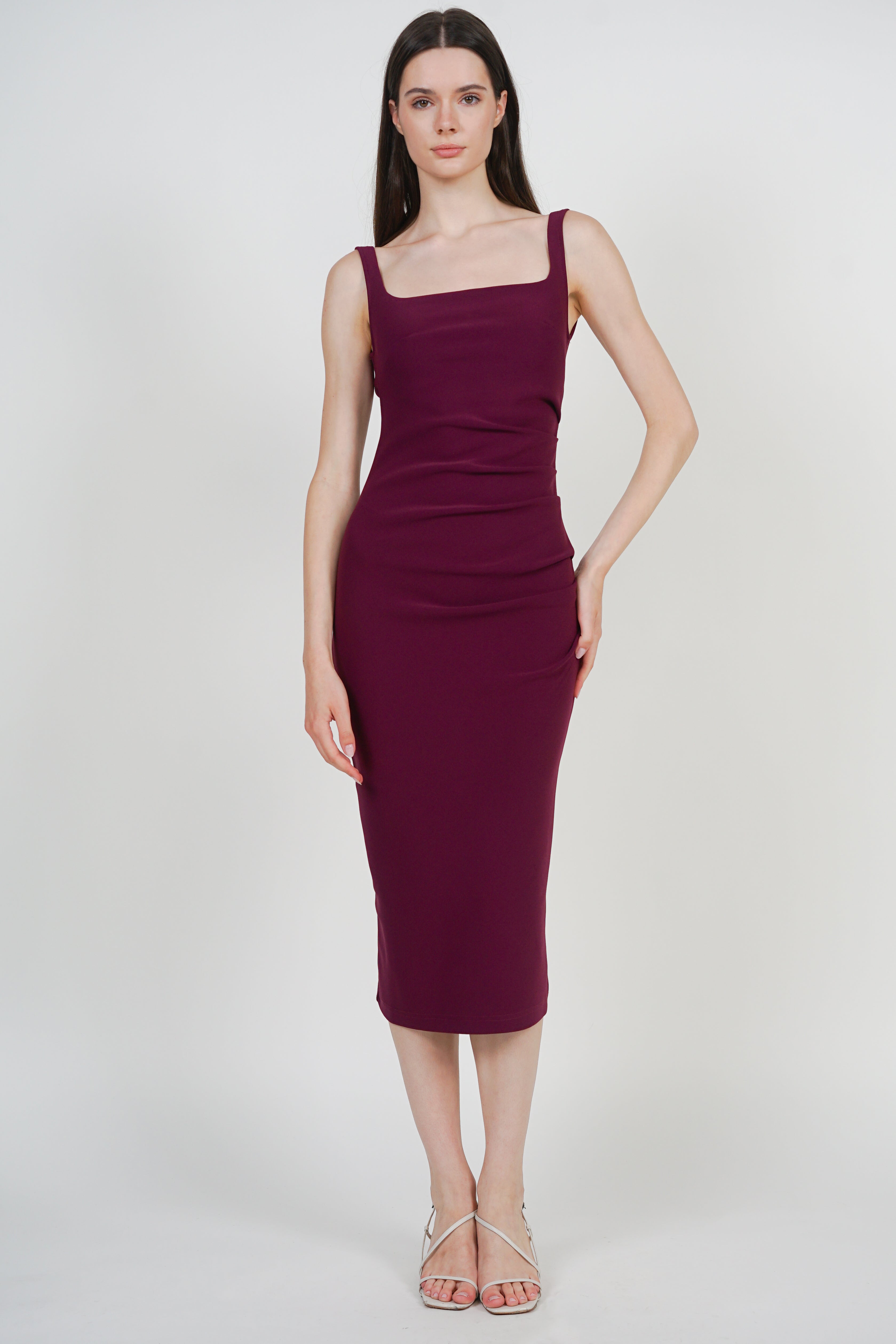 Side Ruched Low Back Midi Dress in Grape Purple