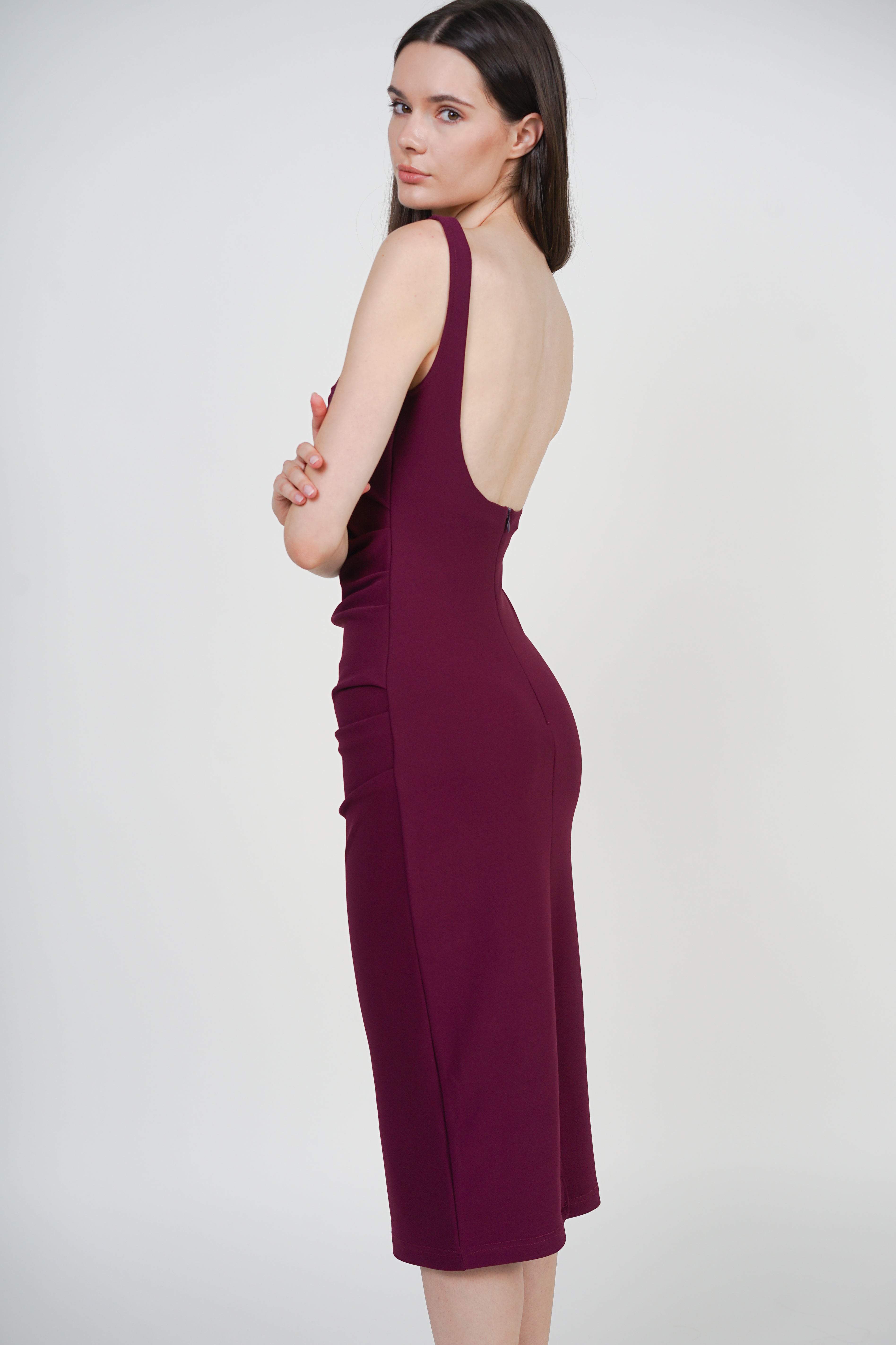 Side Ruched Low Back Midi Dress in Grape Purple