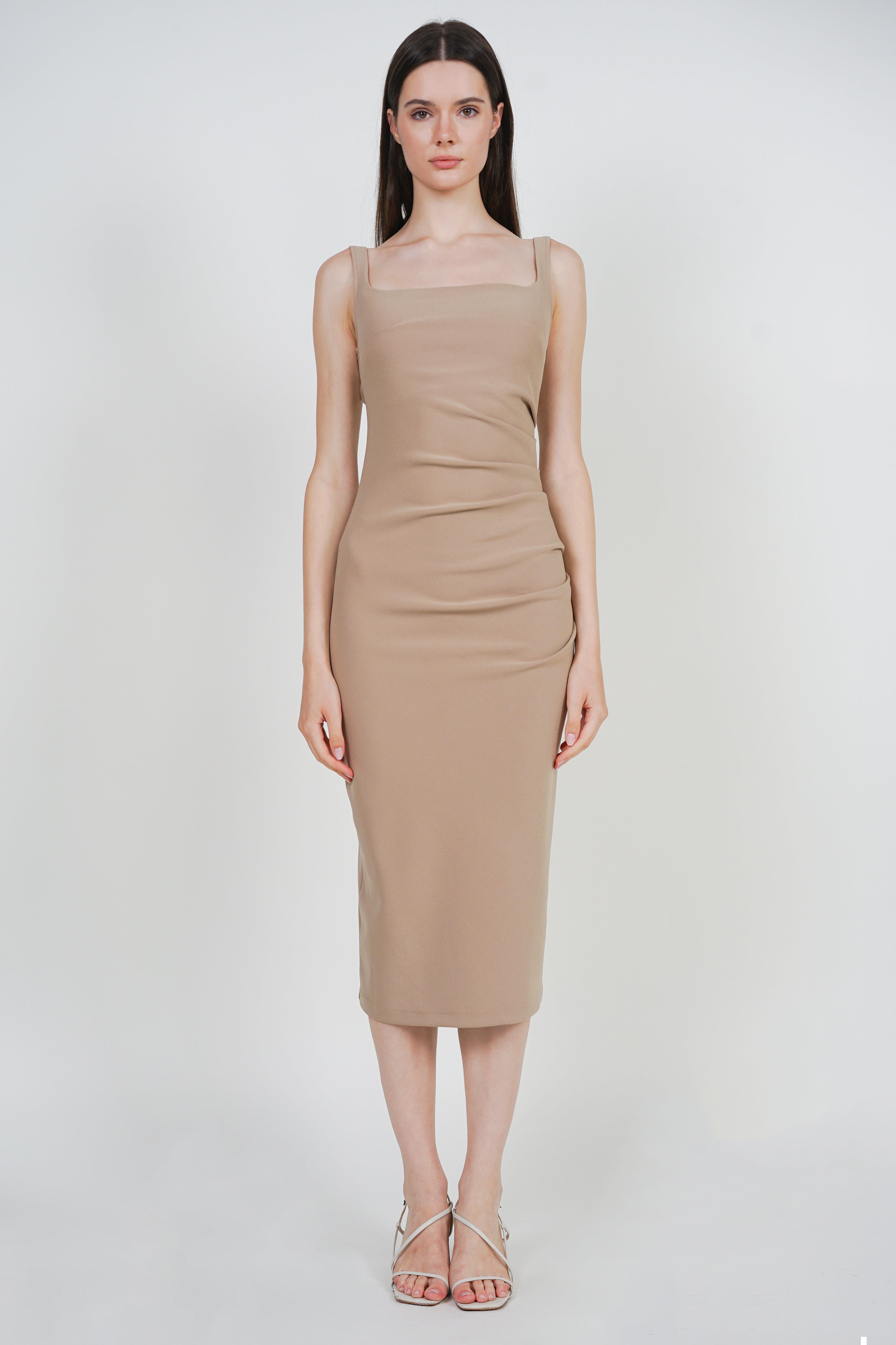 Side Ruched Low Back Midi Dress in Khaki