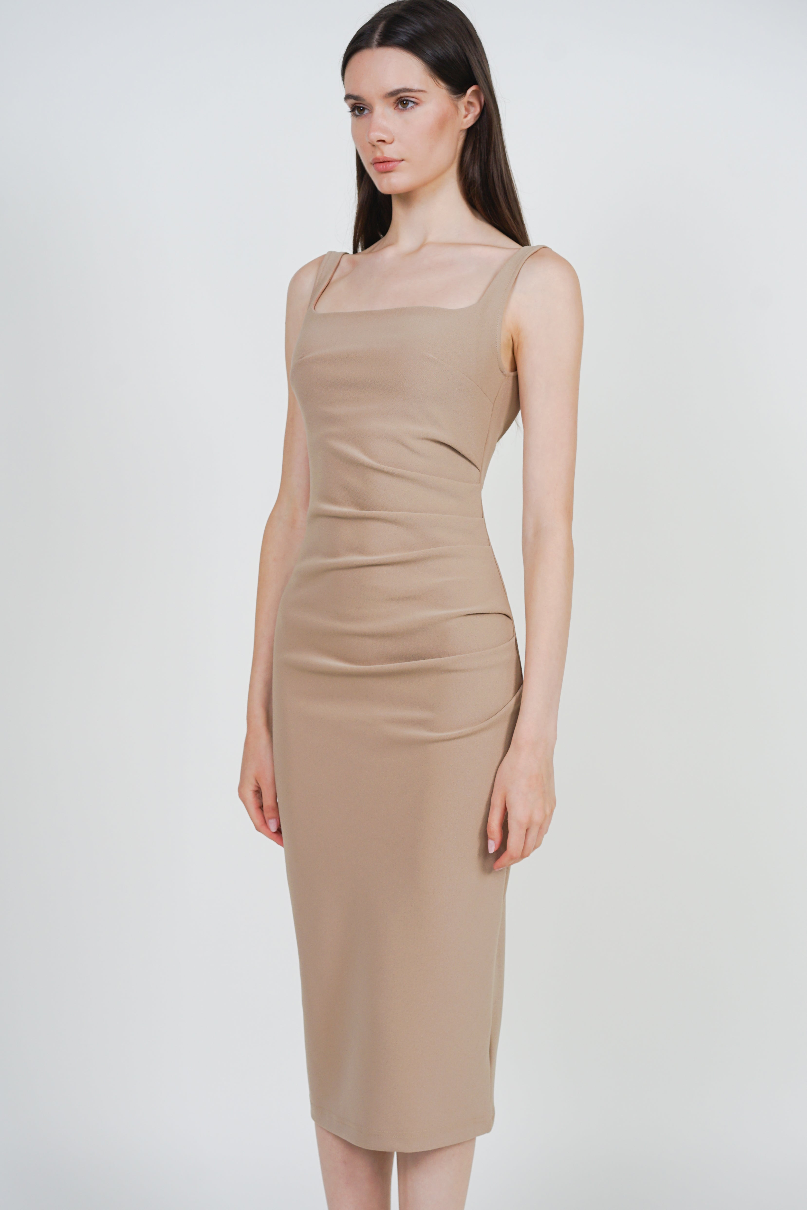 Side Ruched Low Back Midi Dress in Khaki