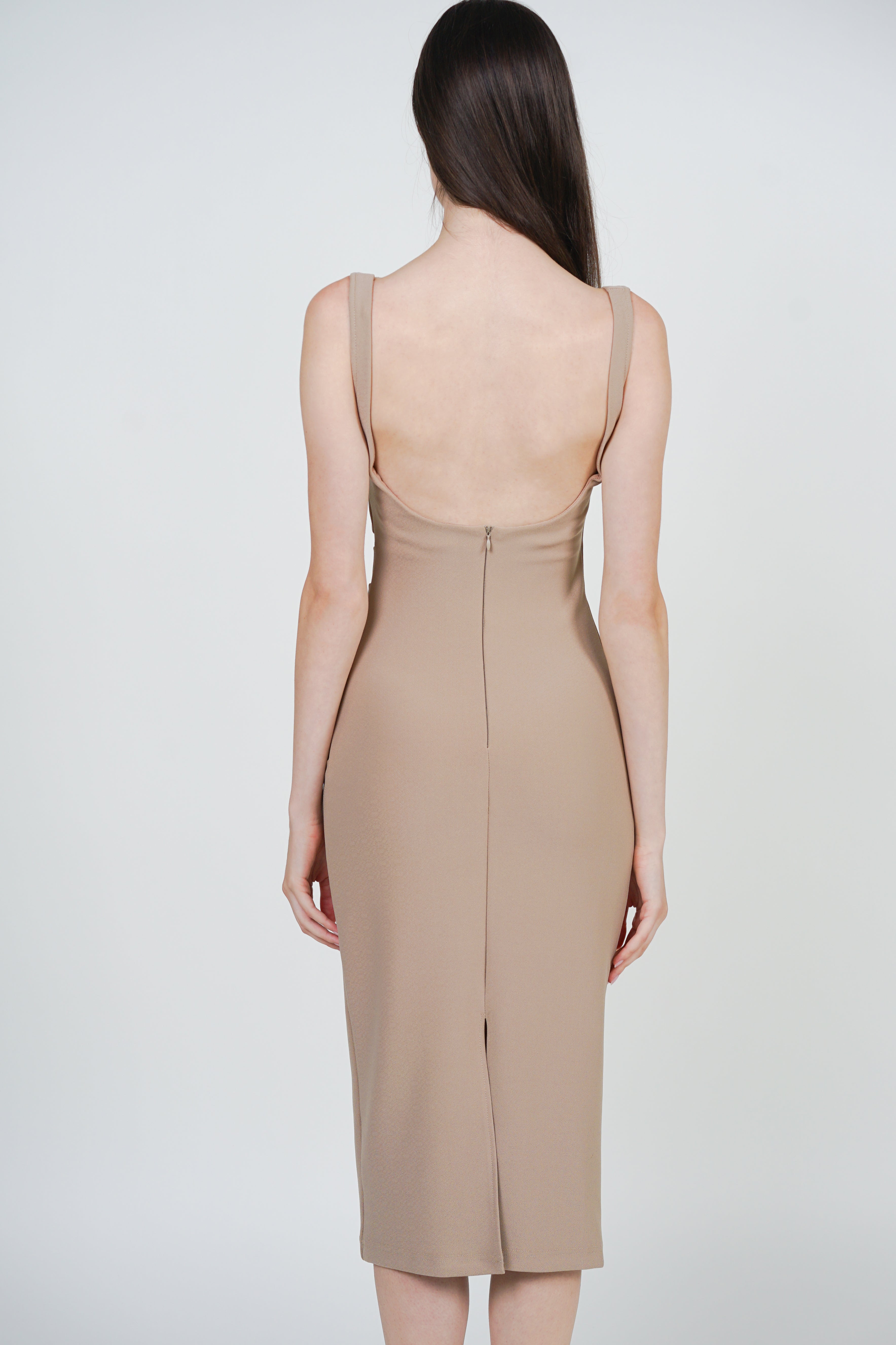 Side Ruched Low Back Midi Dress in Khaki
