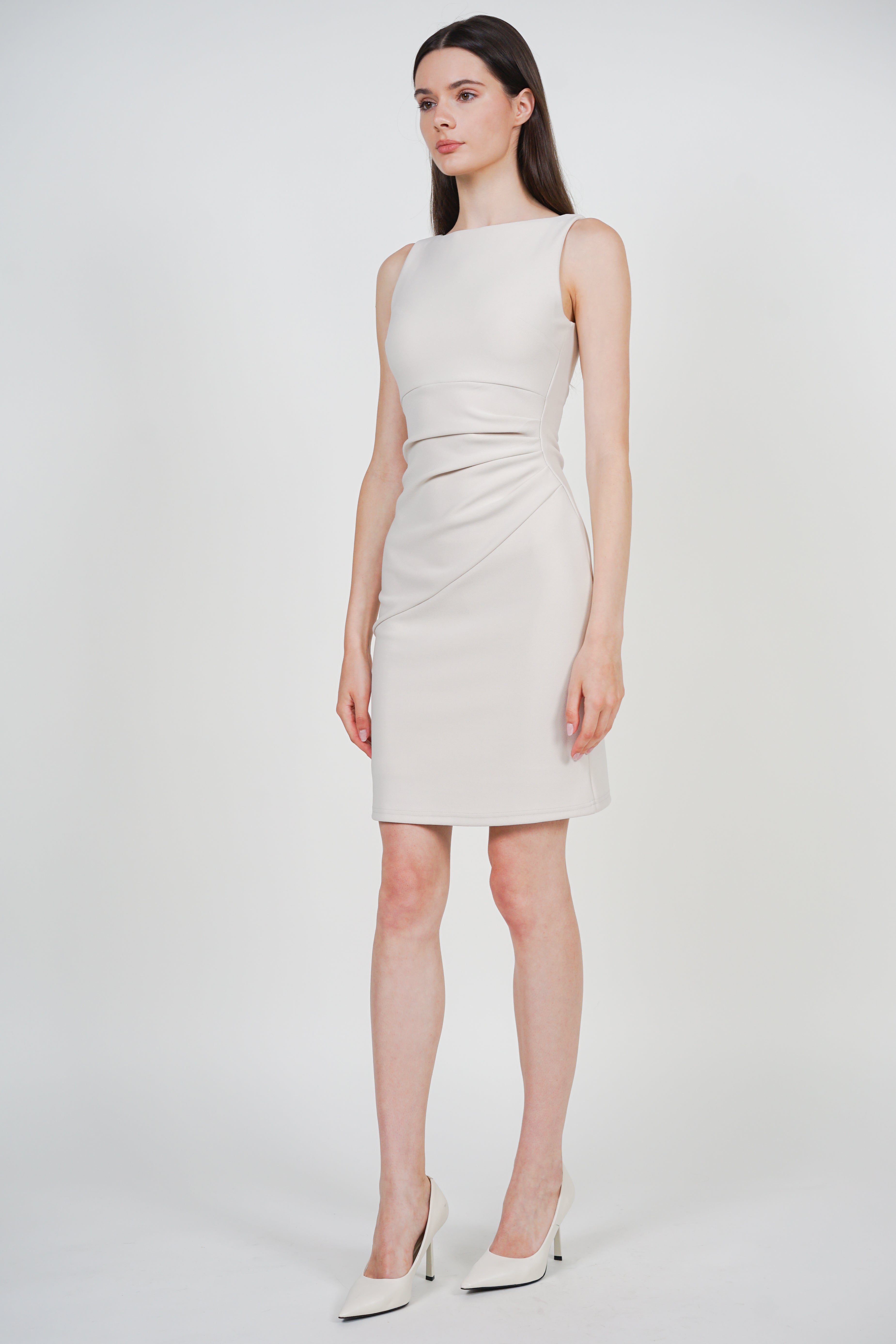 Ruched Pleated Midi Dress in Apricot
