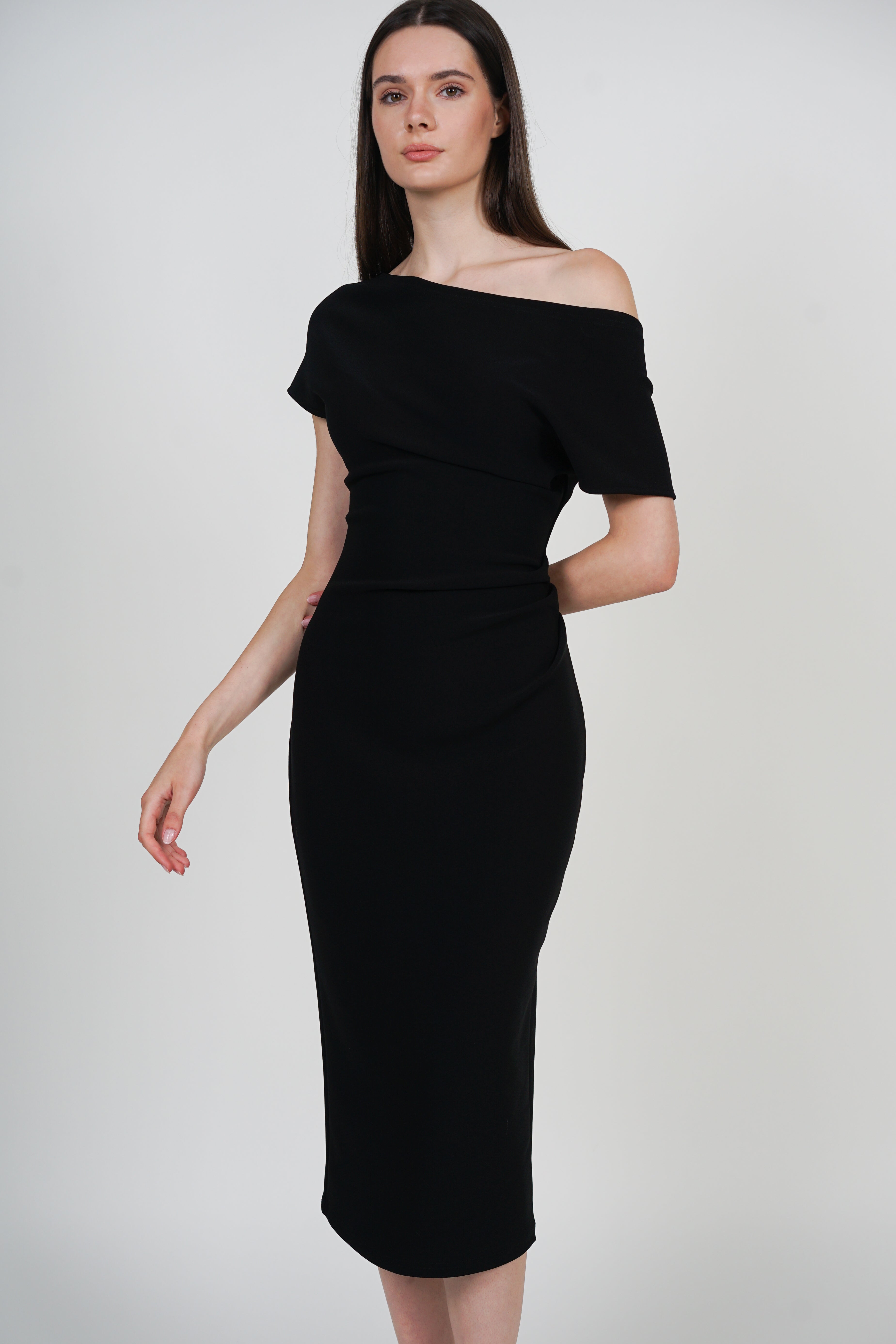 One Shoulder Midi Dress in Black