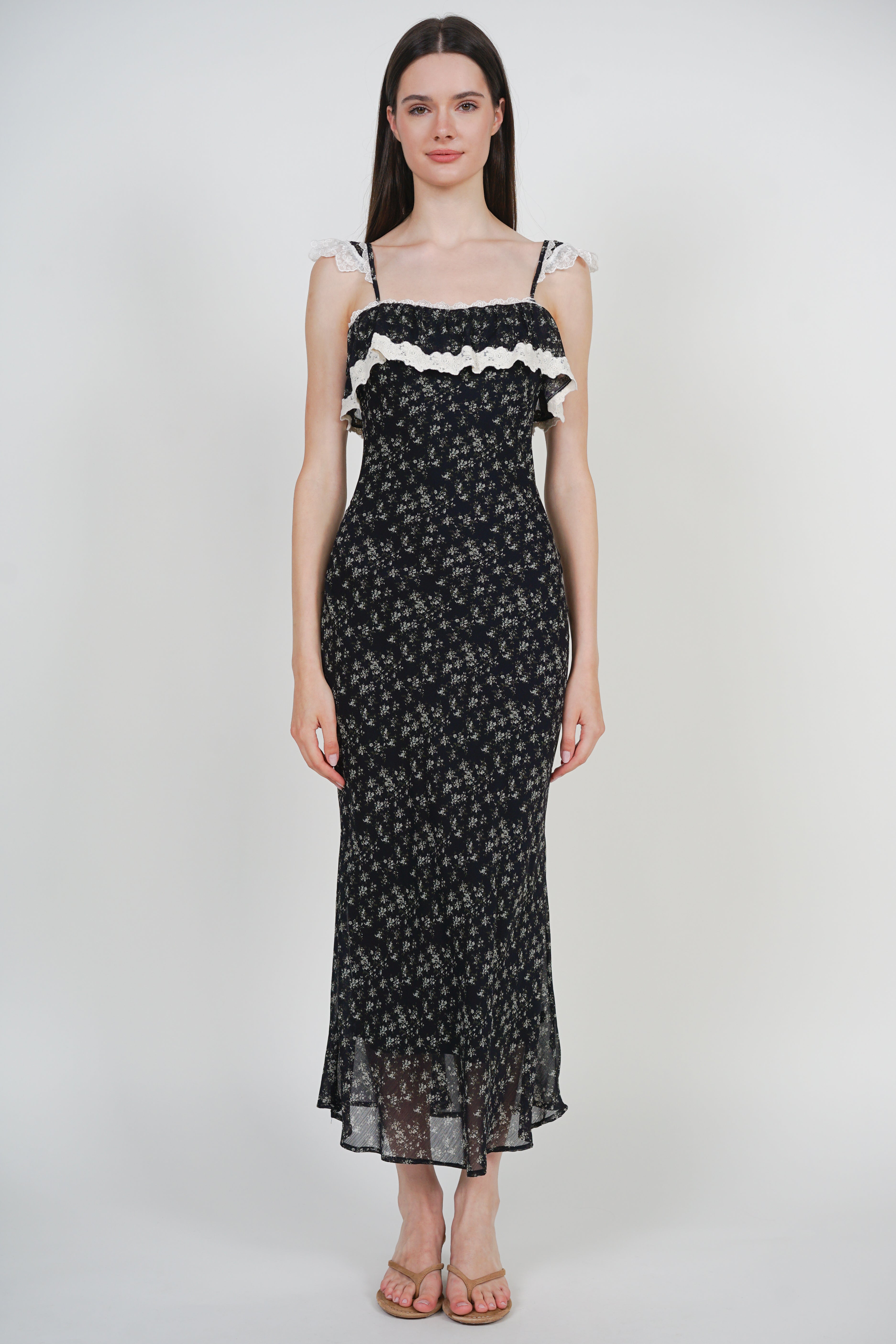 Cami Ruffled Midi Dress in Black Ditsy Floral