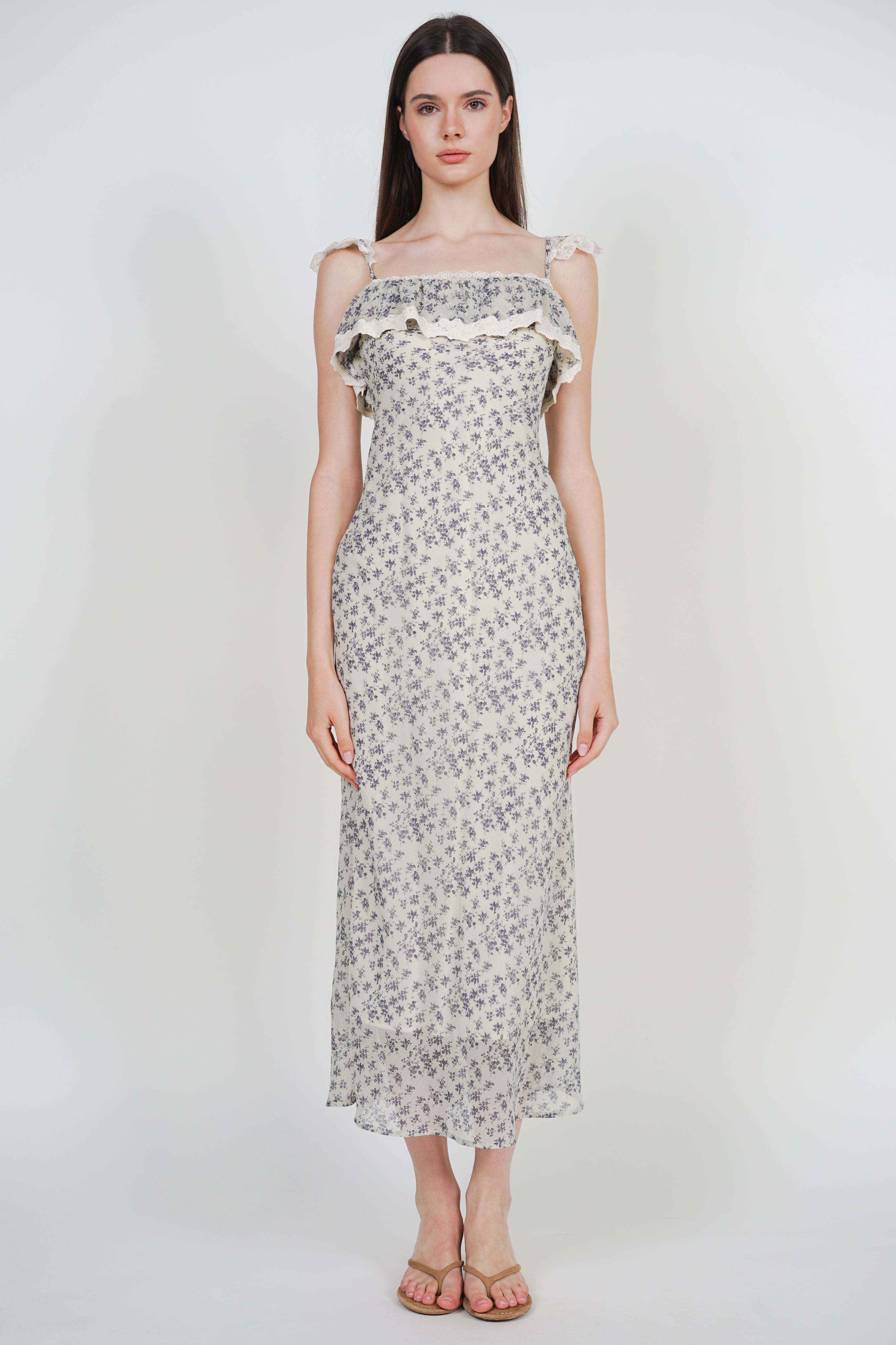 Cami Ruffled Midi Dress in White Ditsy Floral