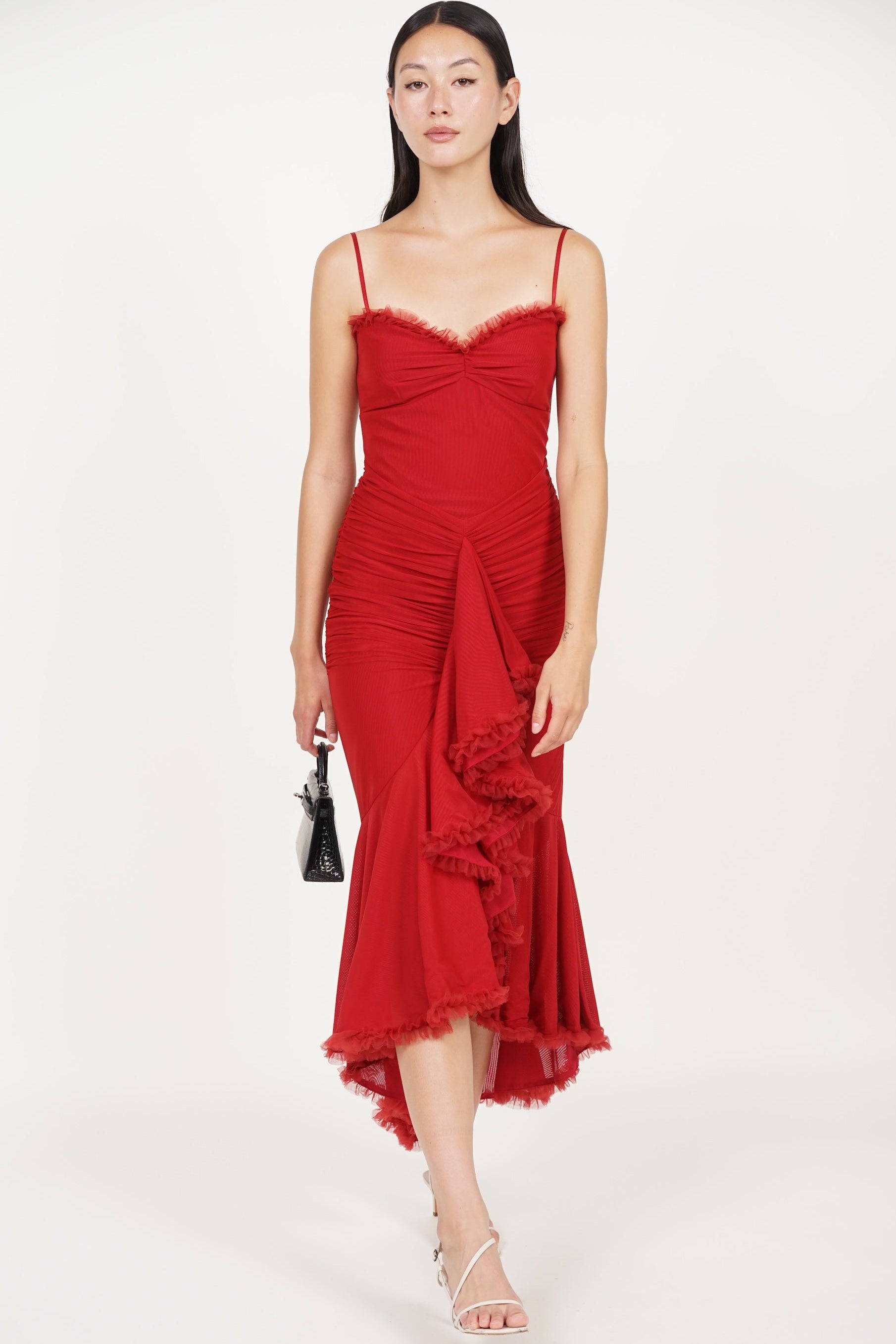 Ruffle Draped Dress in Red