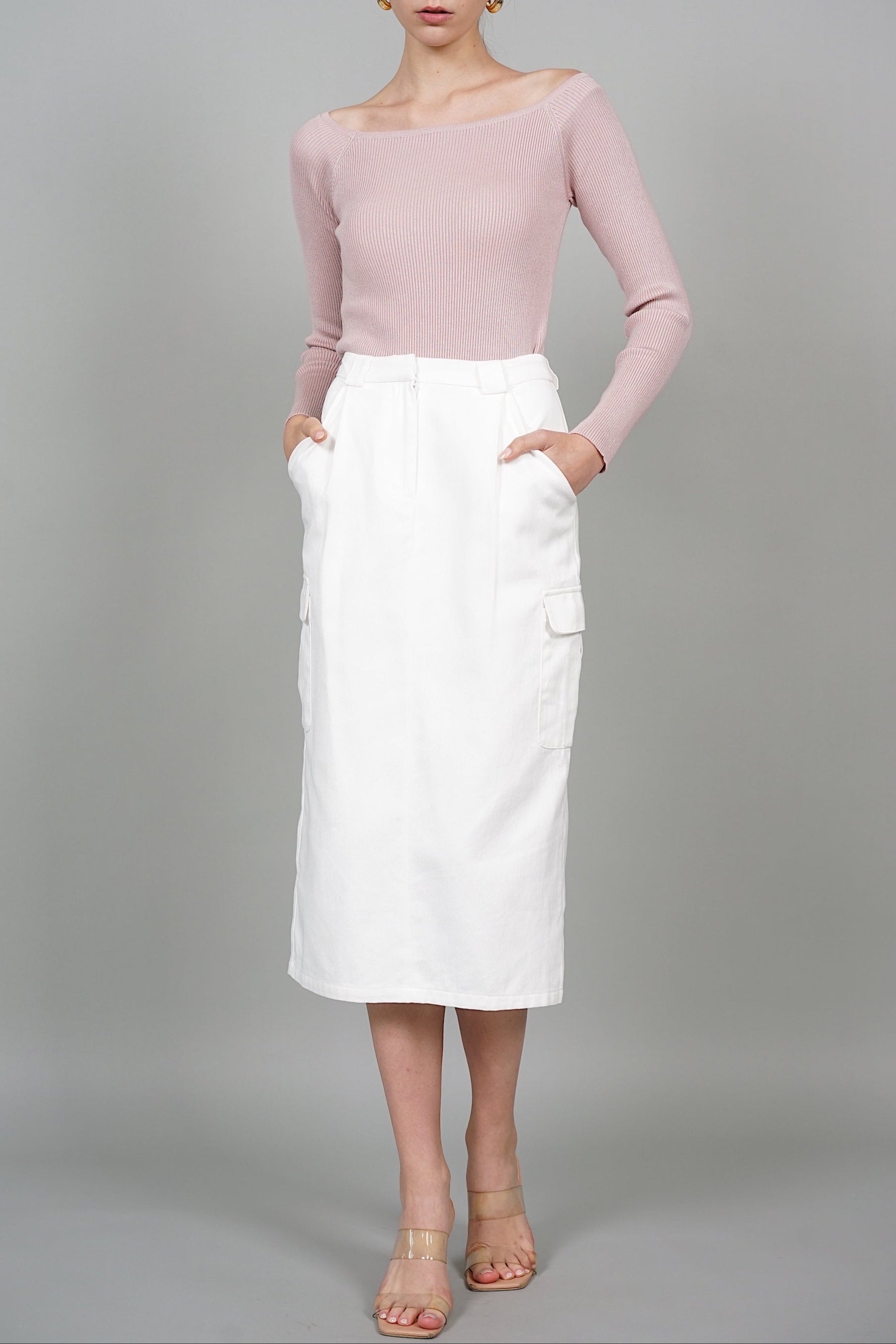 Mari Cargo Pencil Skirt in White Denim