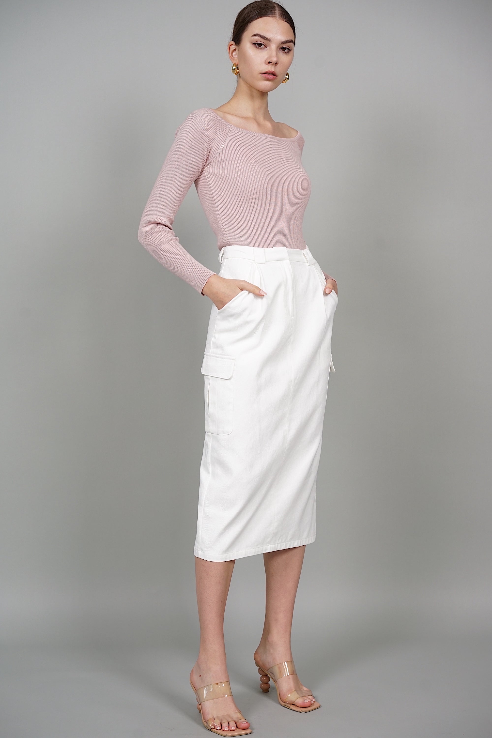Mari Cargo Pencil Skirt in White Denim