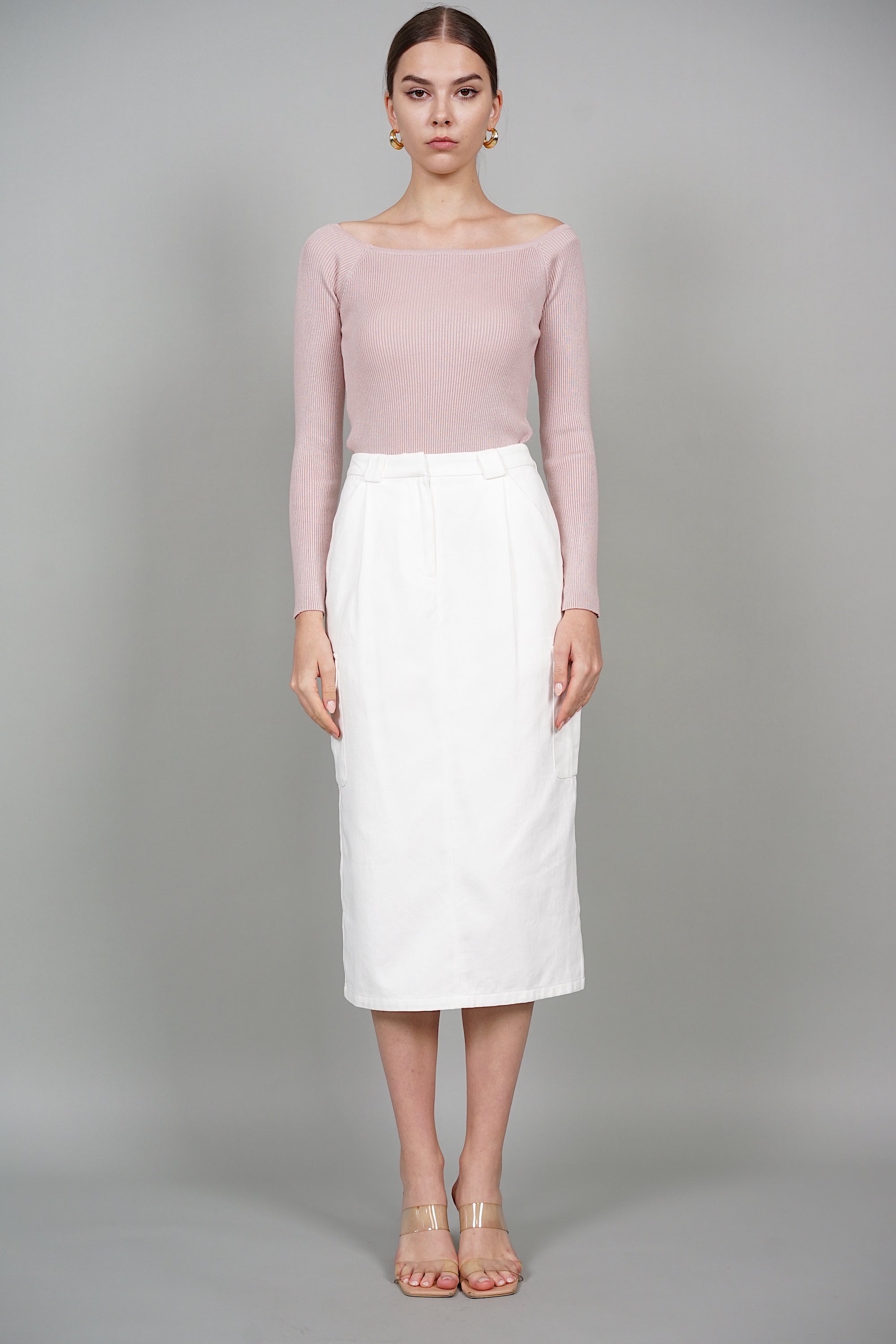 Mari Cargo Pencil Skirt in White Denim