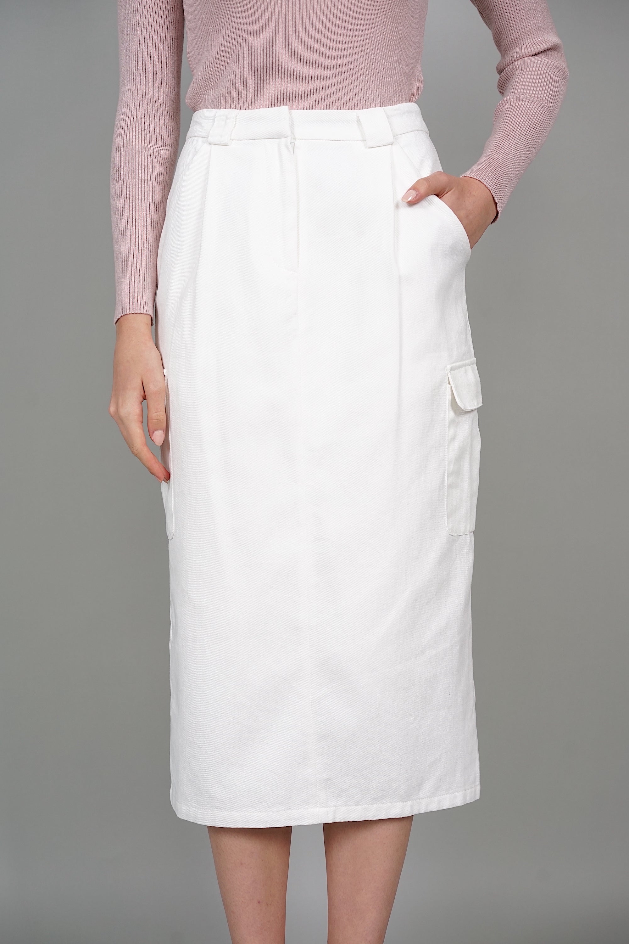 Mari Cargo Pencil Skirt in White Denim
