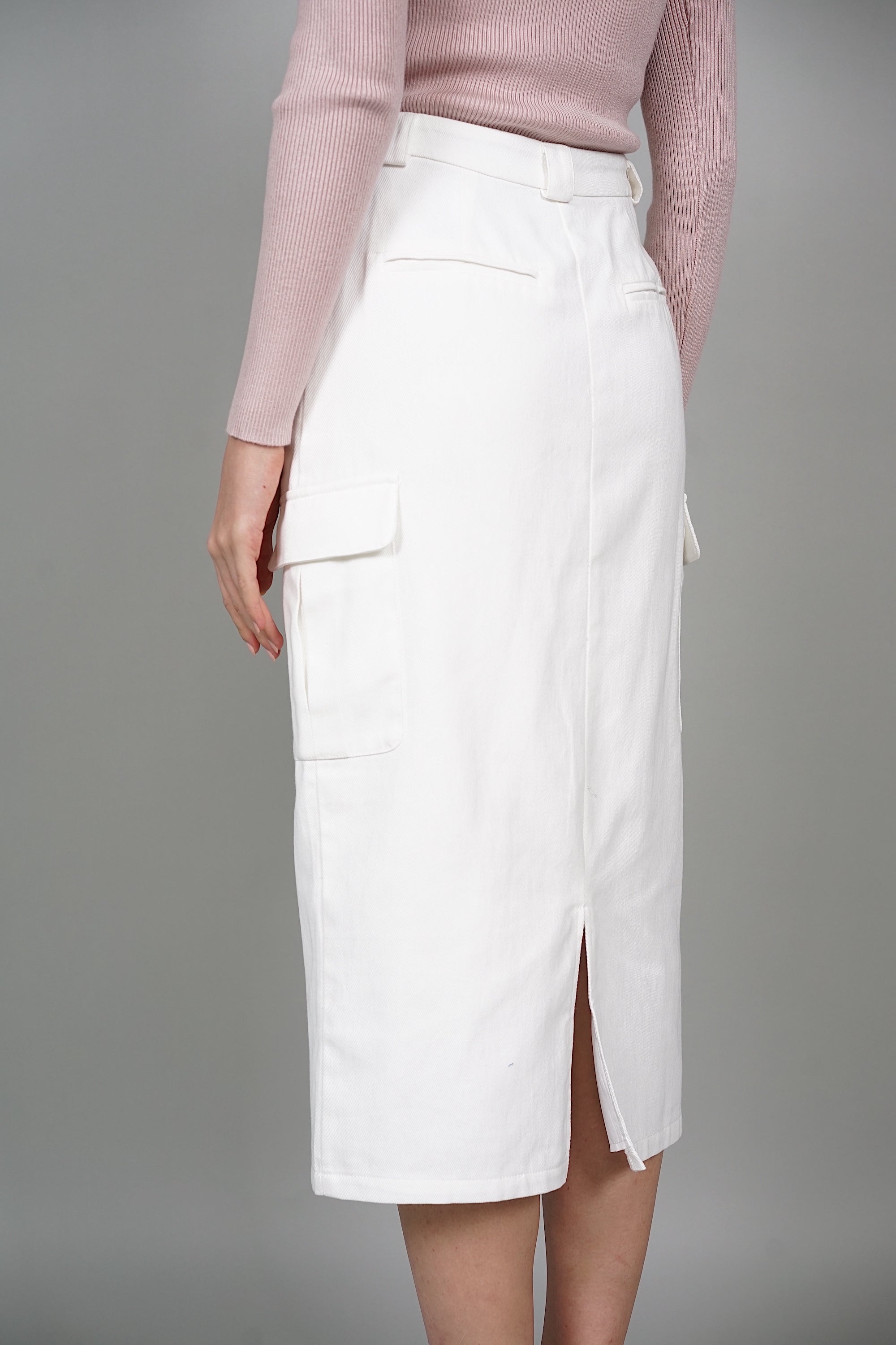 Mari Cargo Pencil Skirt in White Denim