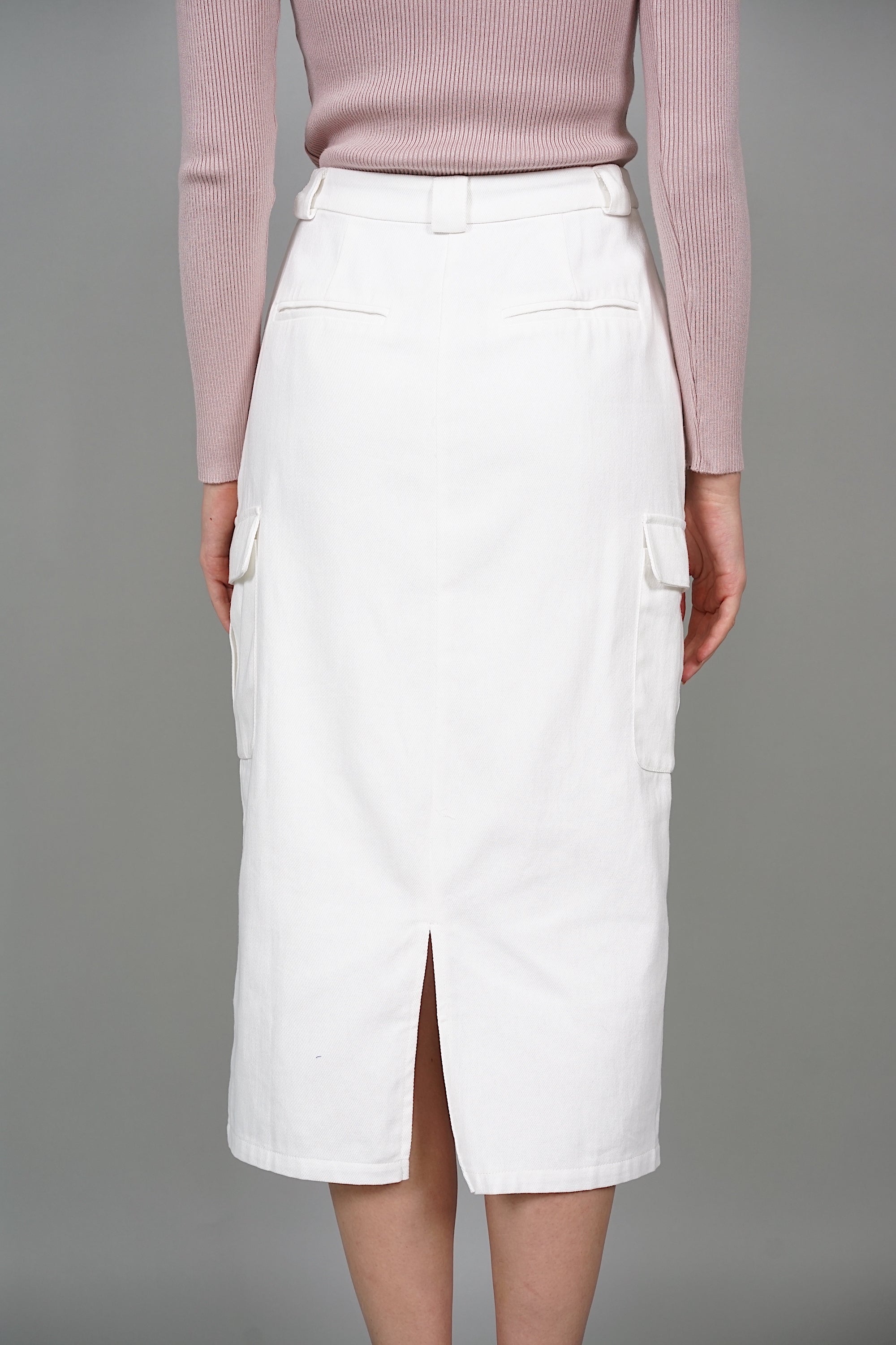 Mari Cargo Pencil Skirt in White Denim