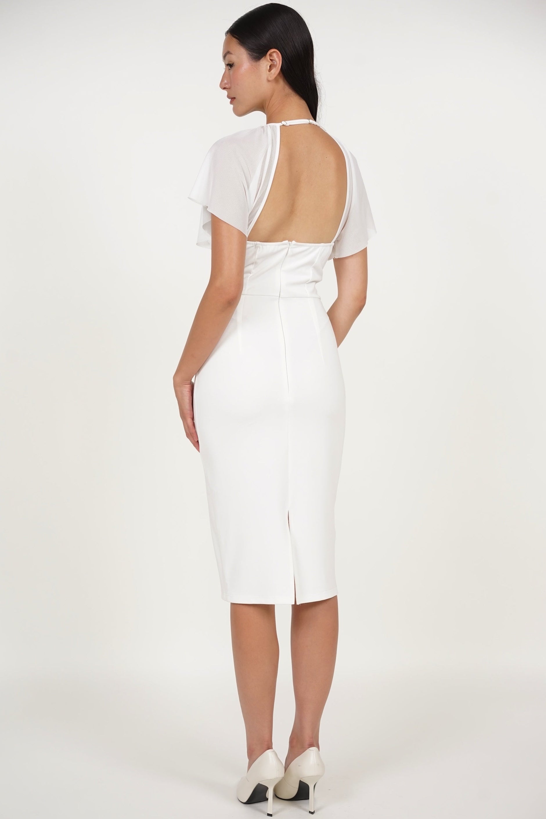 Mesh Overlay Midi Pencil Dress in White