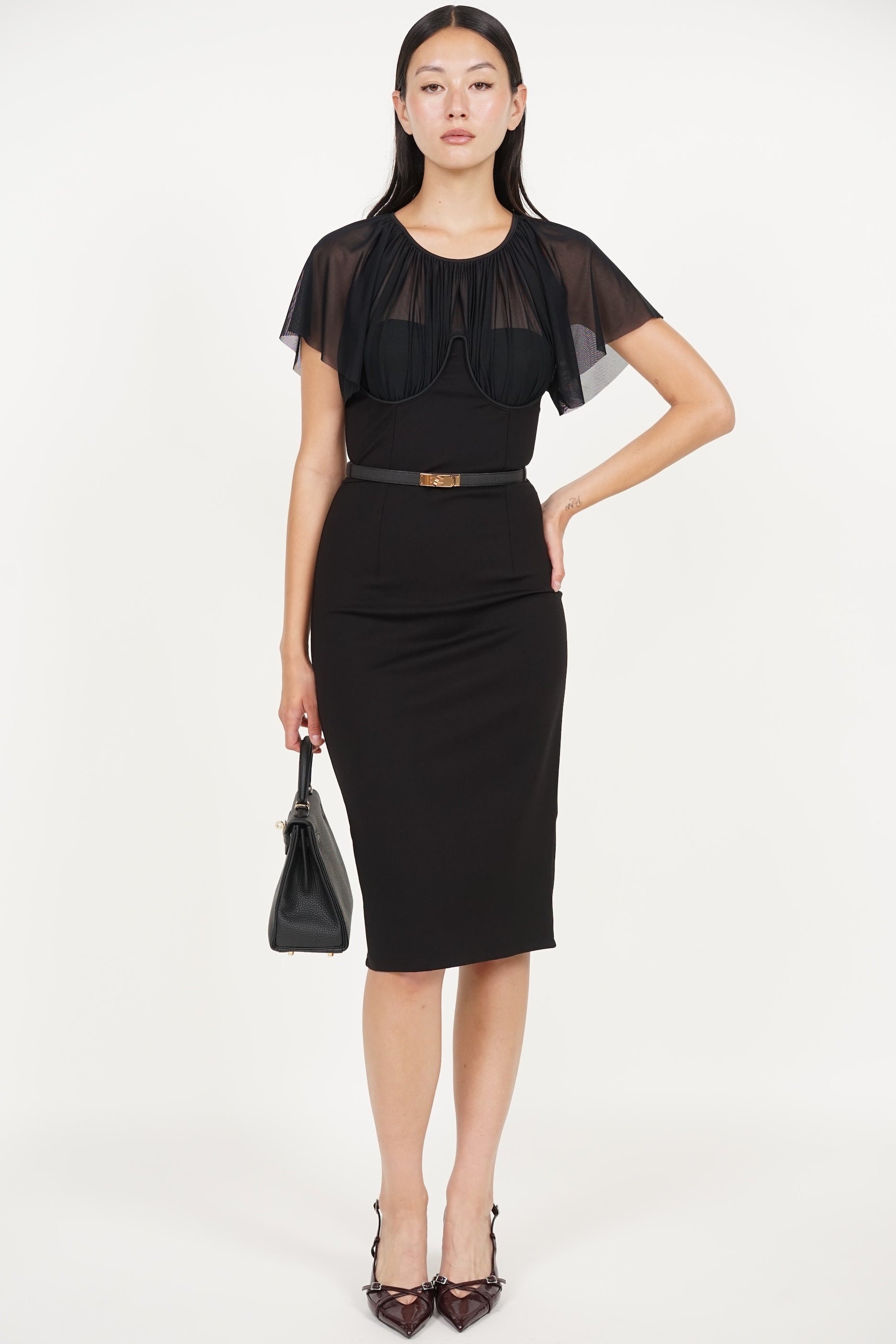 Mesh Overlay Midi Pencil Dress in Black