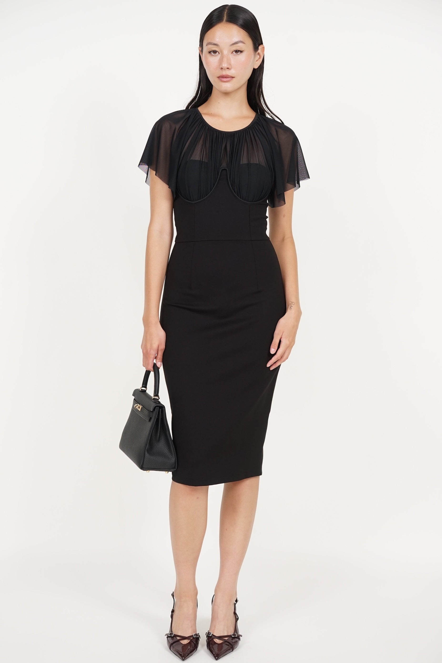Mesh Overlay Midi Pencil Dress in Black