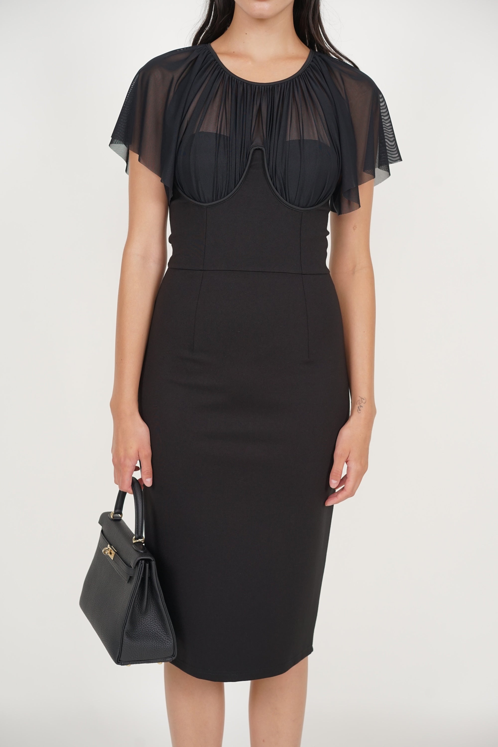 Mesh Overlay Midi Pencil Dress in Black