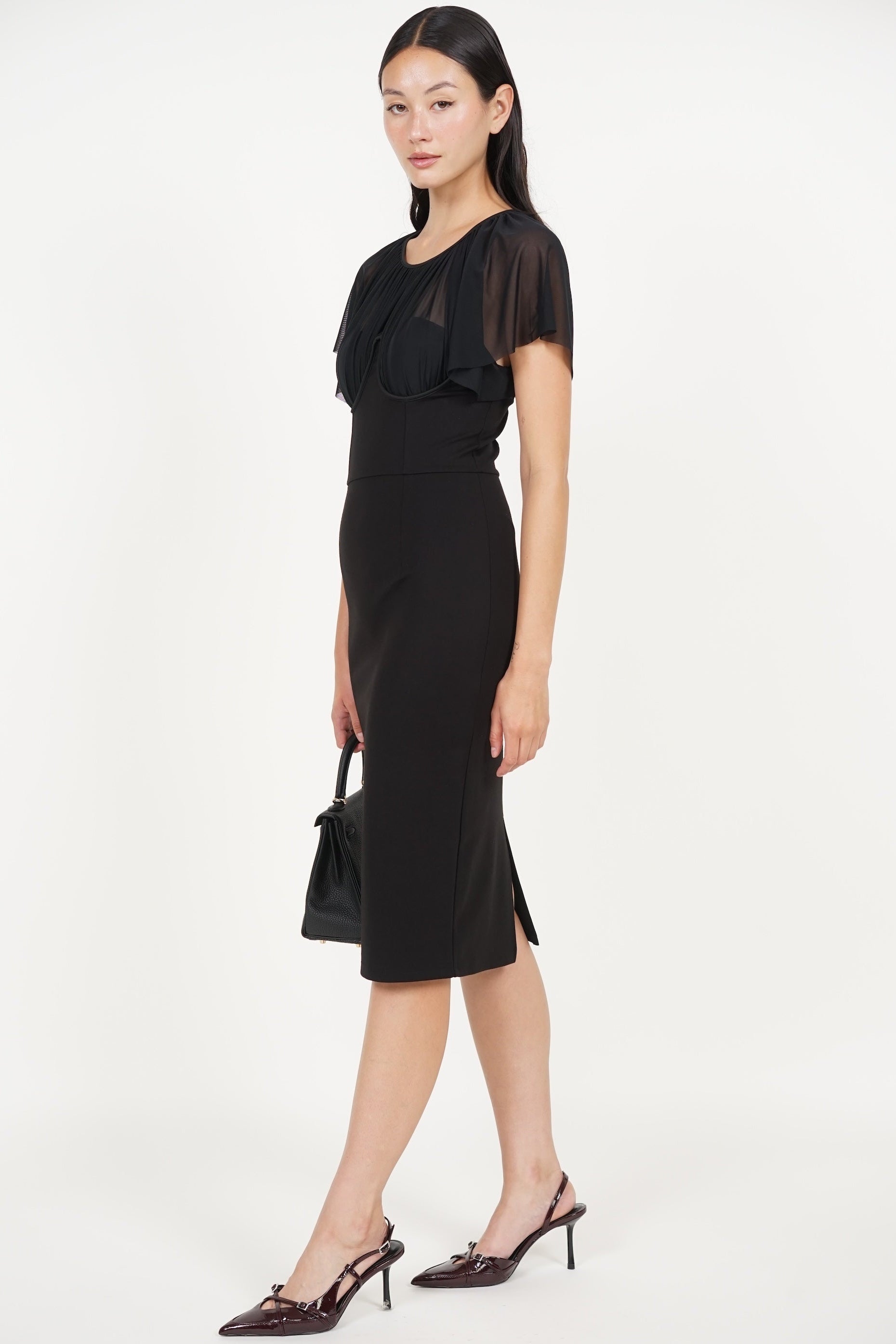 Mesh Overlay Midi Pencil Dress in Black