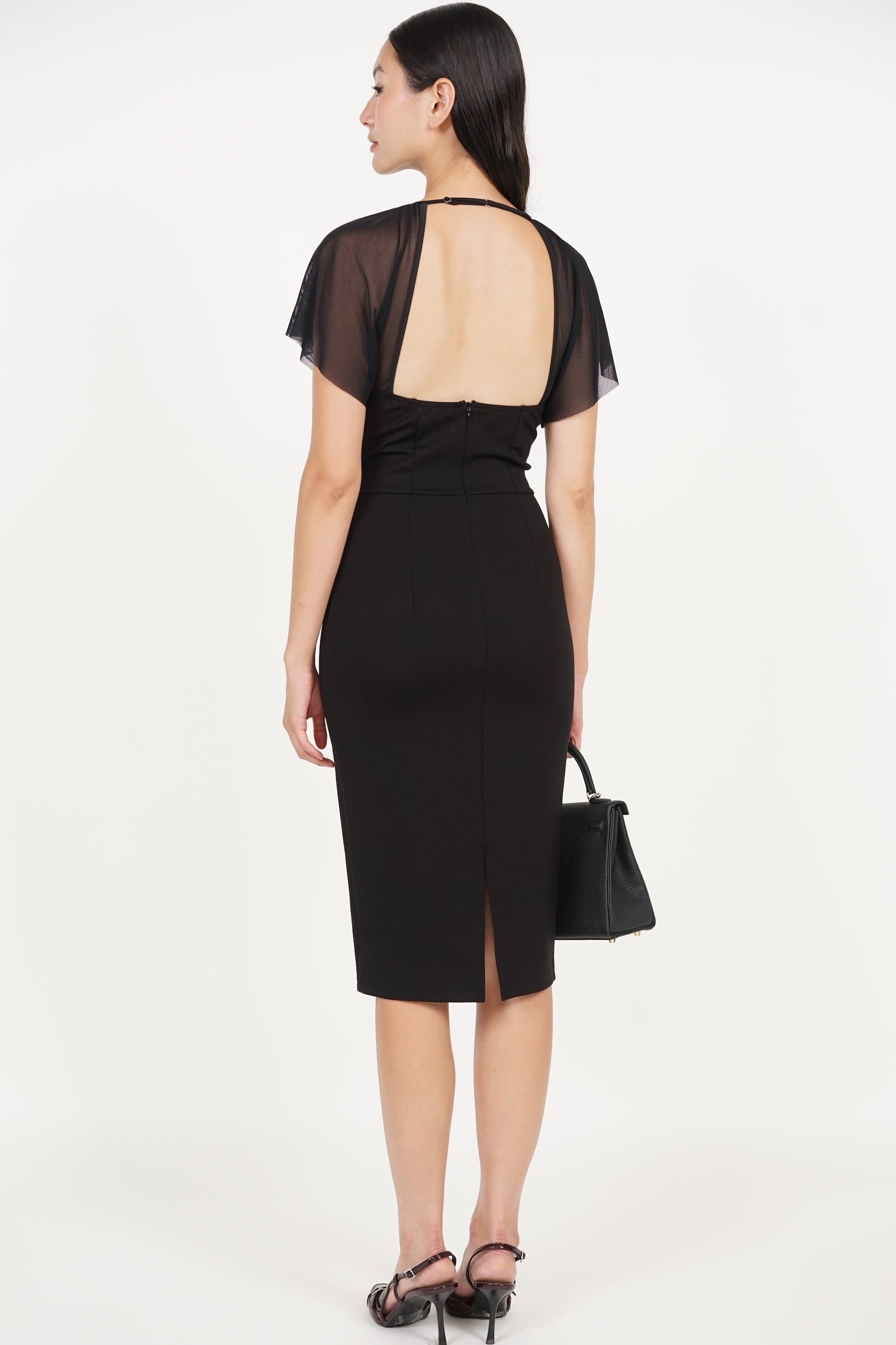 Mesh Overlay Midi Pencil Dress in Black