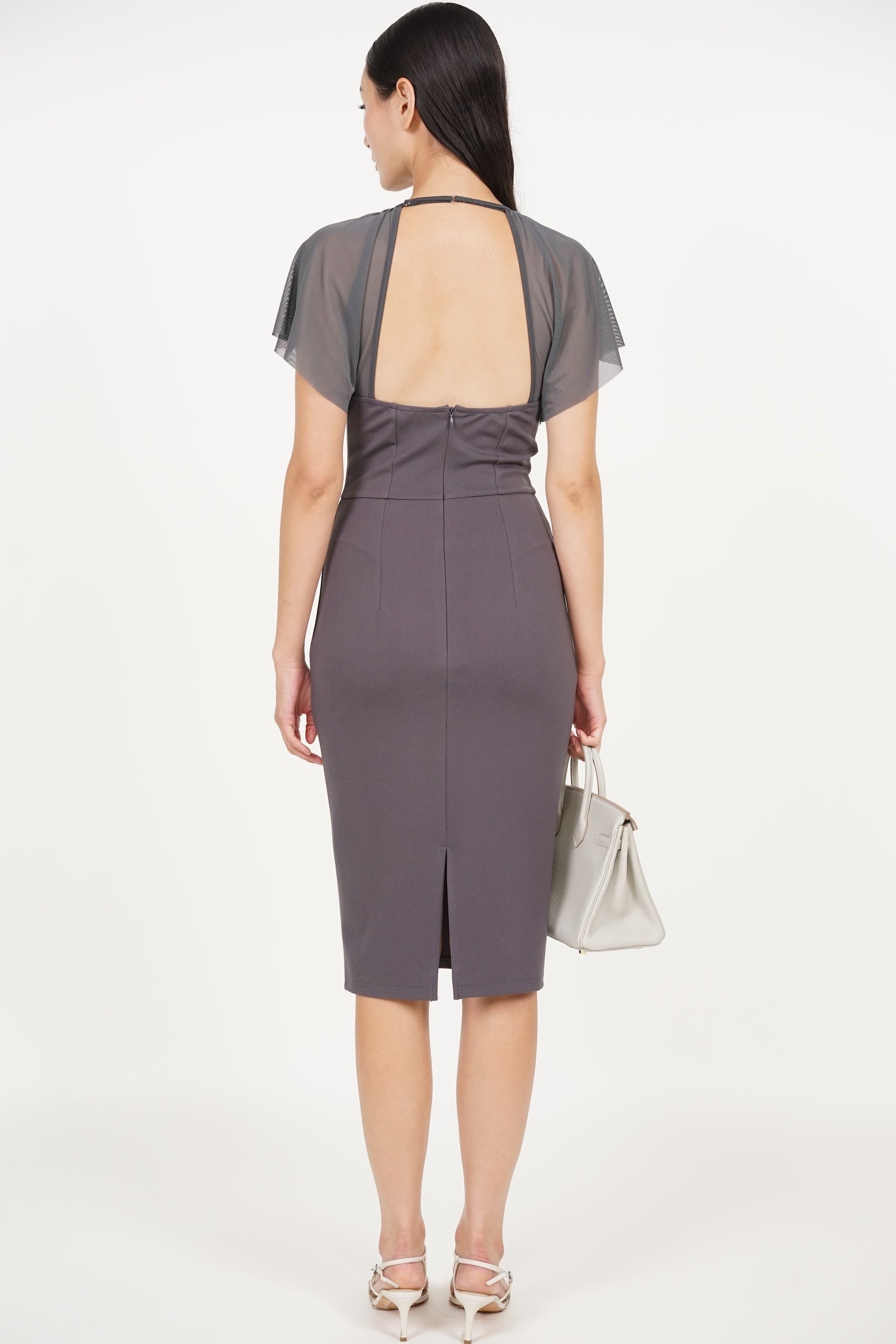 Mesh Overlay Midi Pencil Dress in Grey
