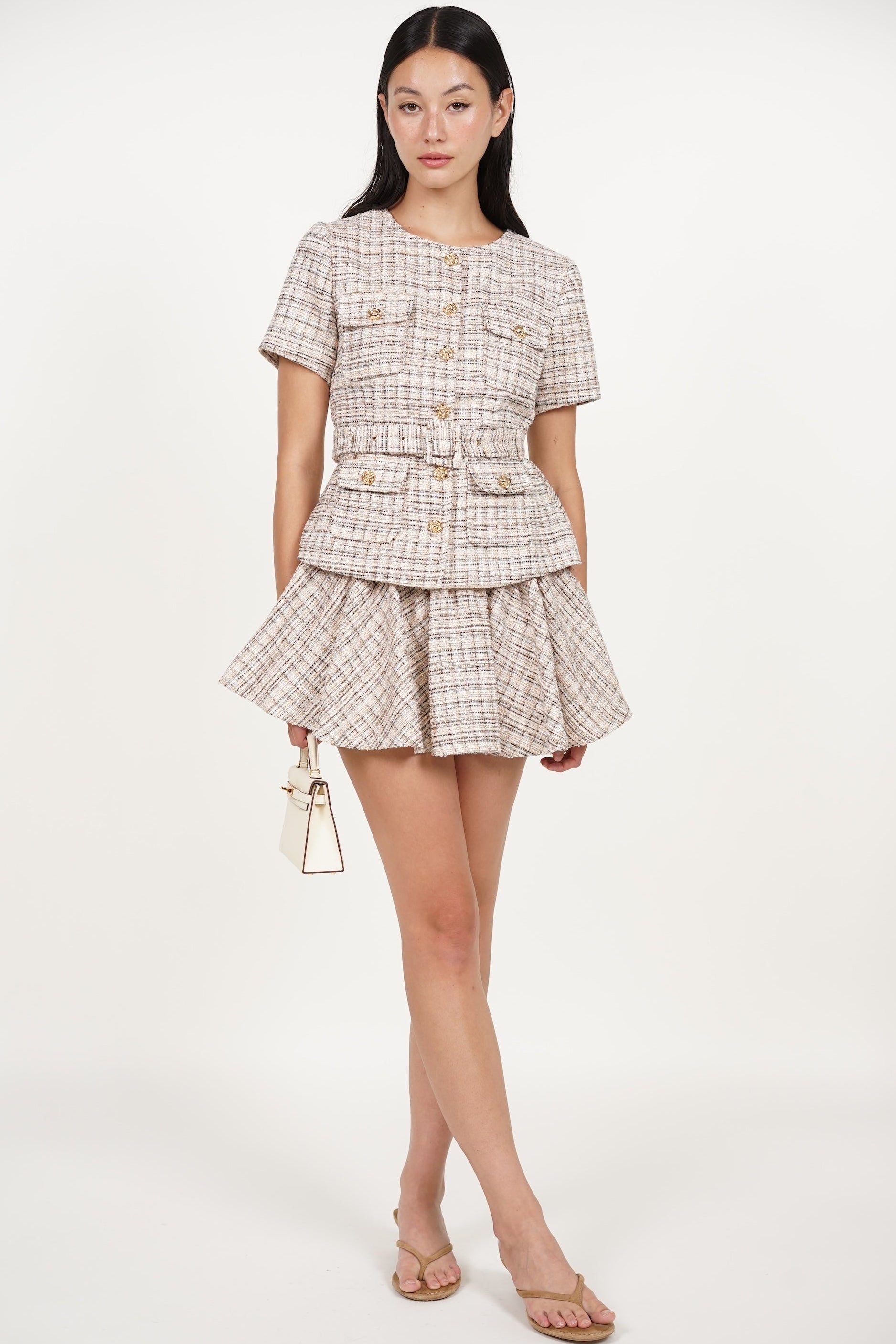 Peplum Button Tweed Top in Multi