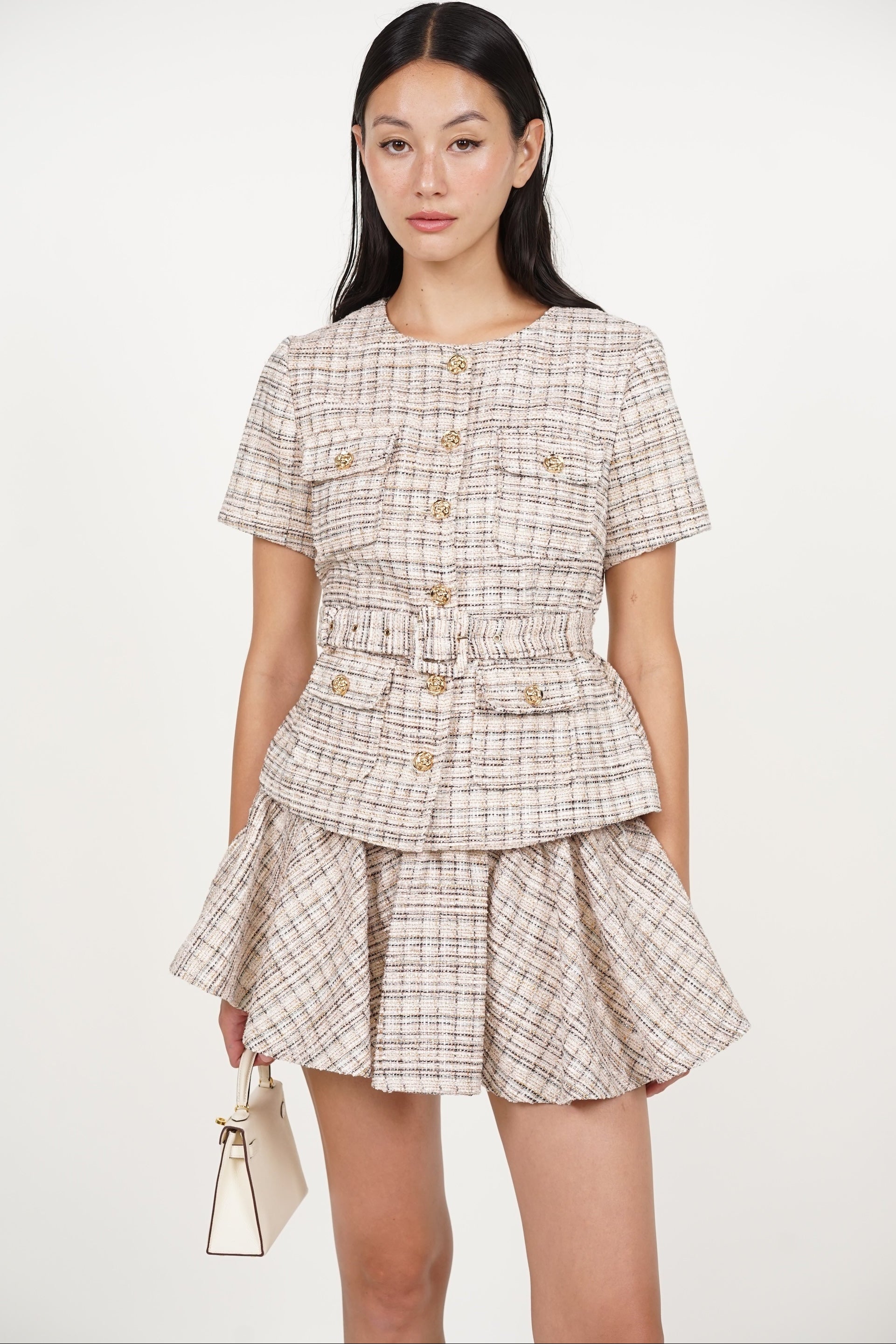 Peplum Button Tweed Top in Multi