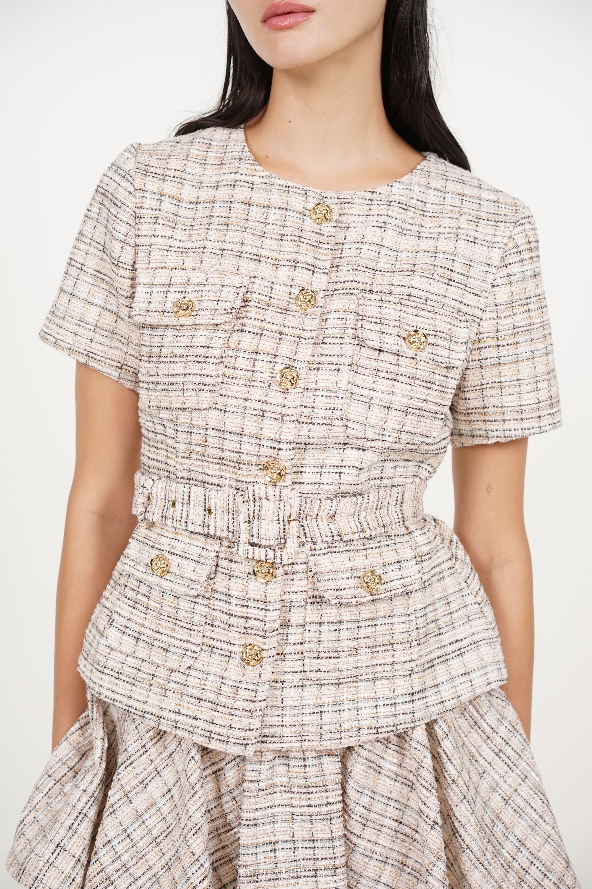 Peplum Button Tweed Top in Multi