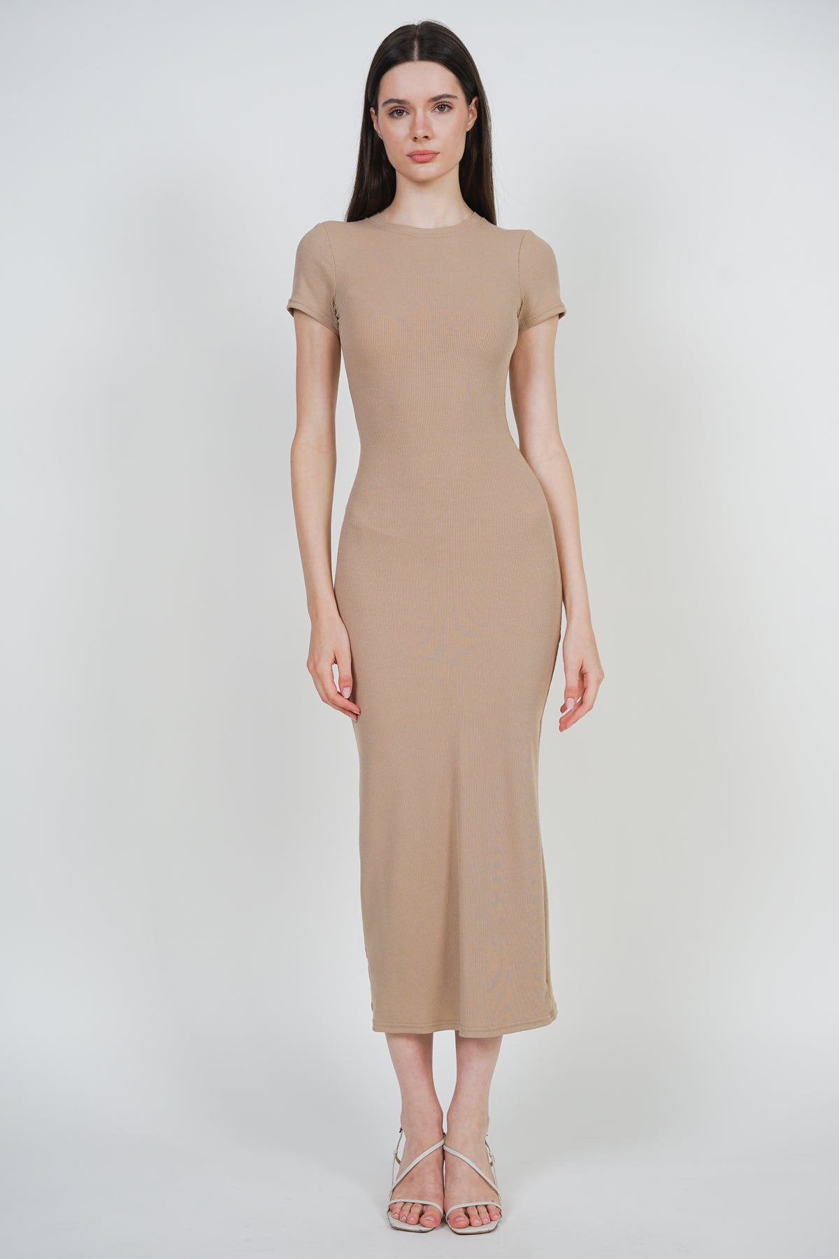 Bodycon Short Sleeve Dress in Camel