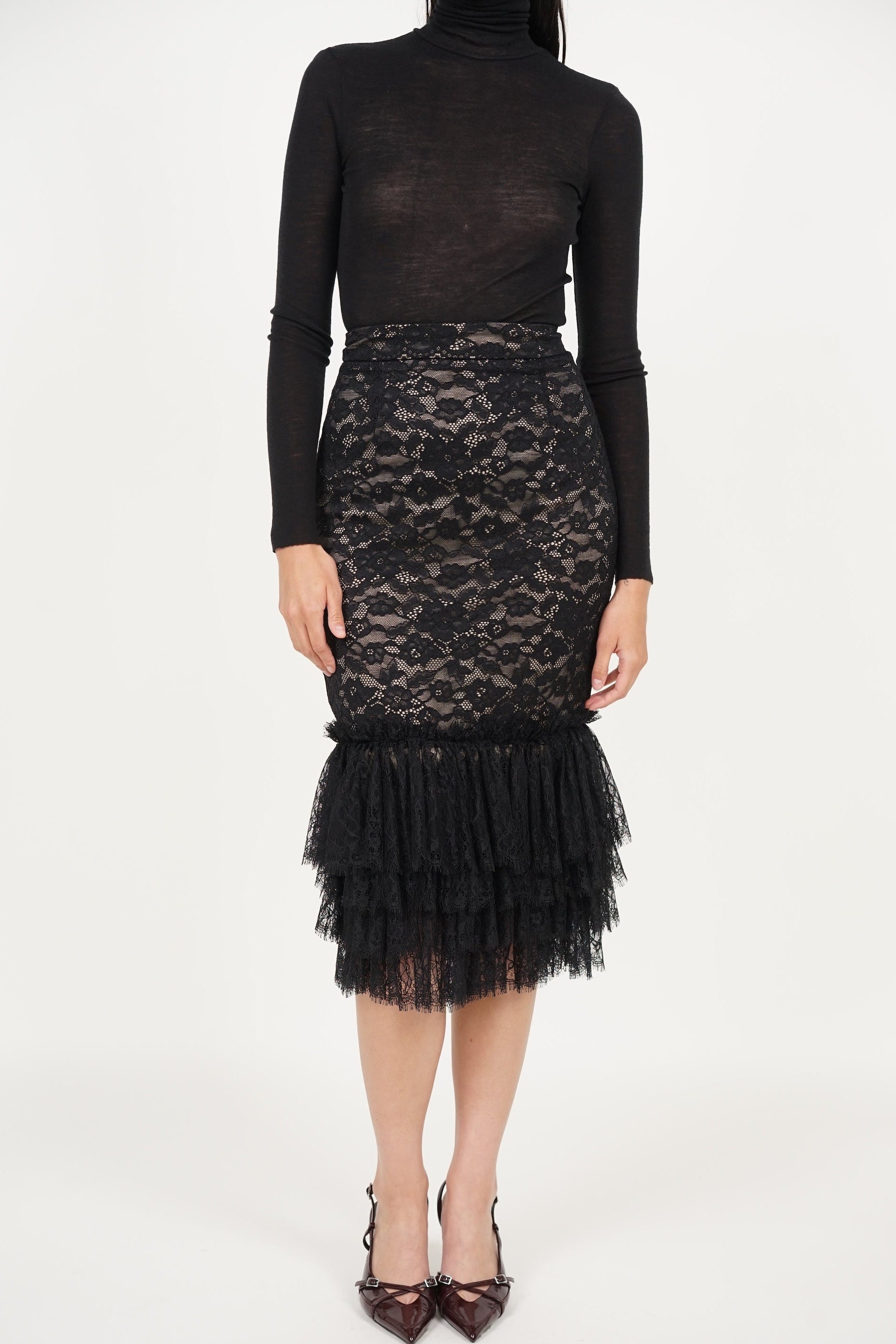 Mermaid Tiered Skirt in Black Lace