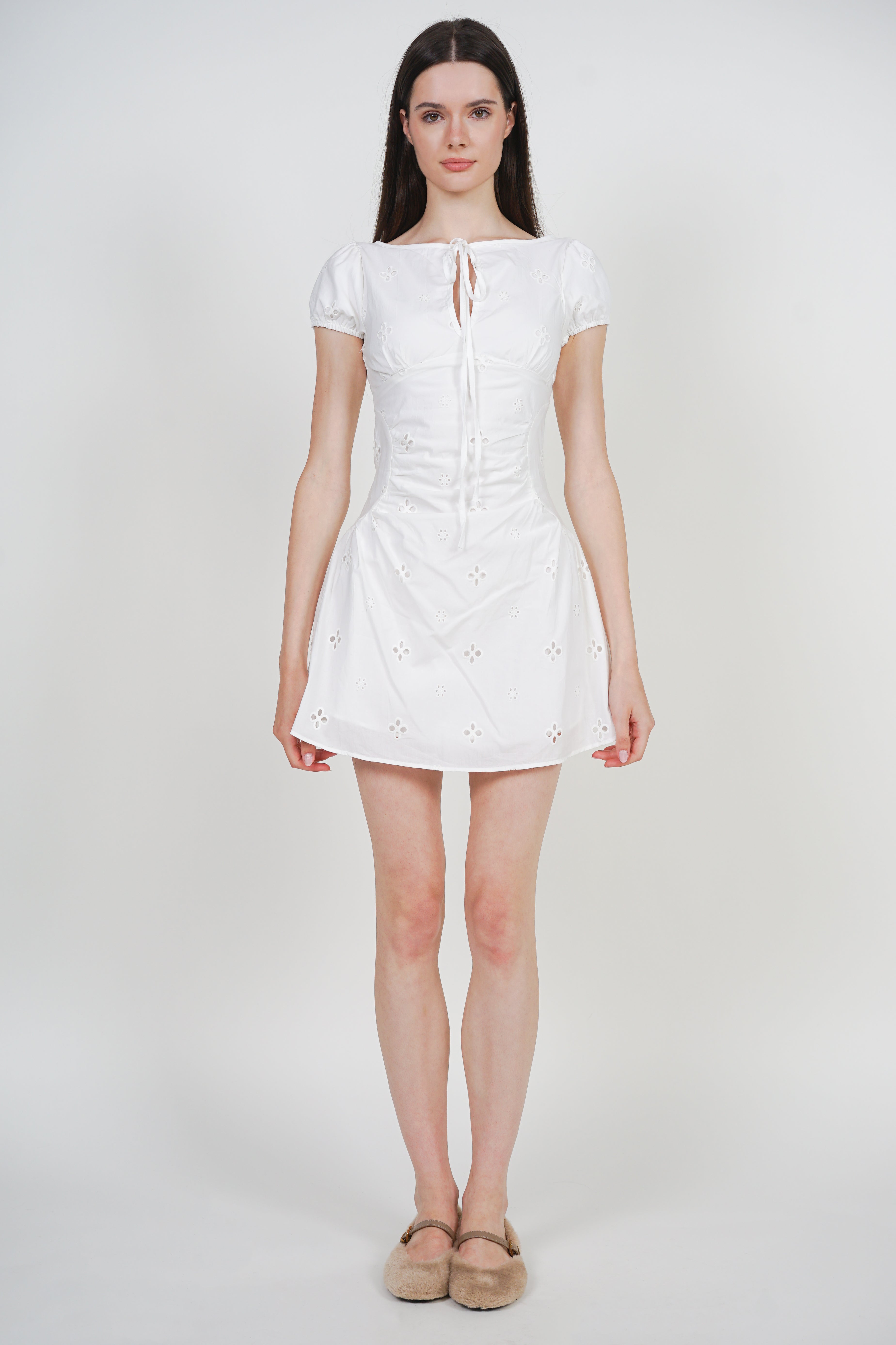 Tie Bow Slim Waist Embroidery Dress in White