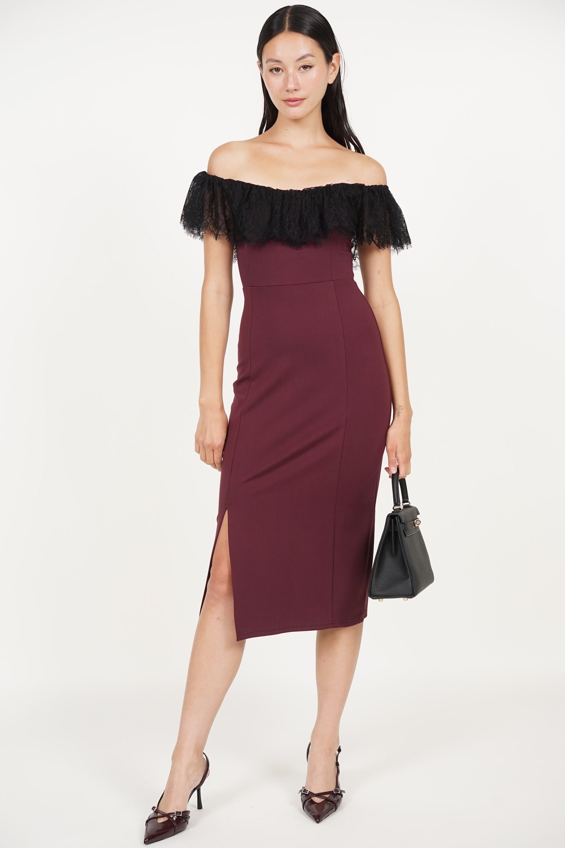 Off-Shoulder Dress in Burgundy Black Lace Off-Shoulder Dress in Burgundy Black Lace