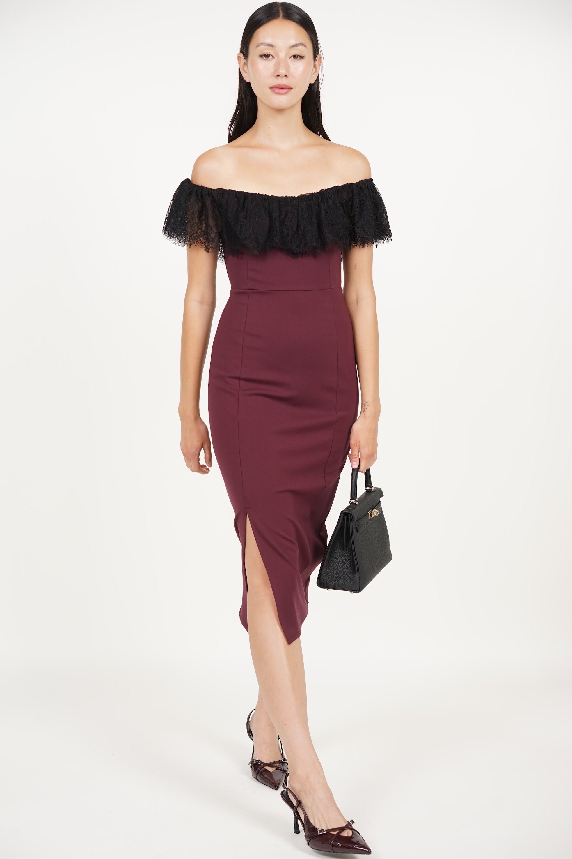 COMING SOON - Off-Shoulder Dress in Burgundy Black Lace