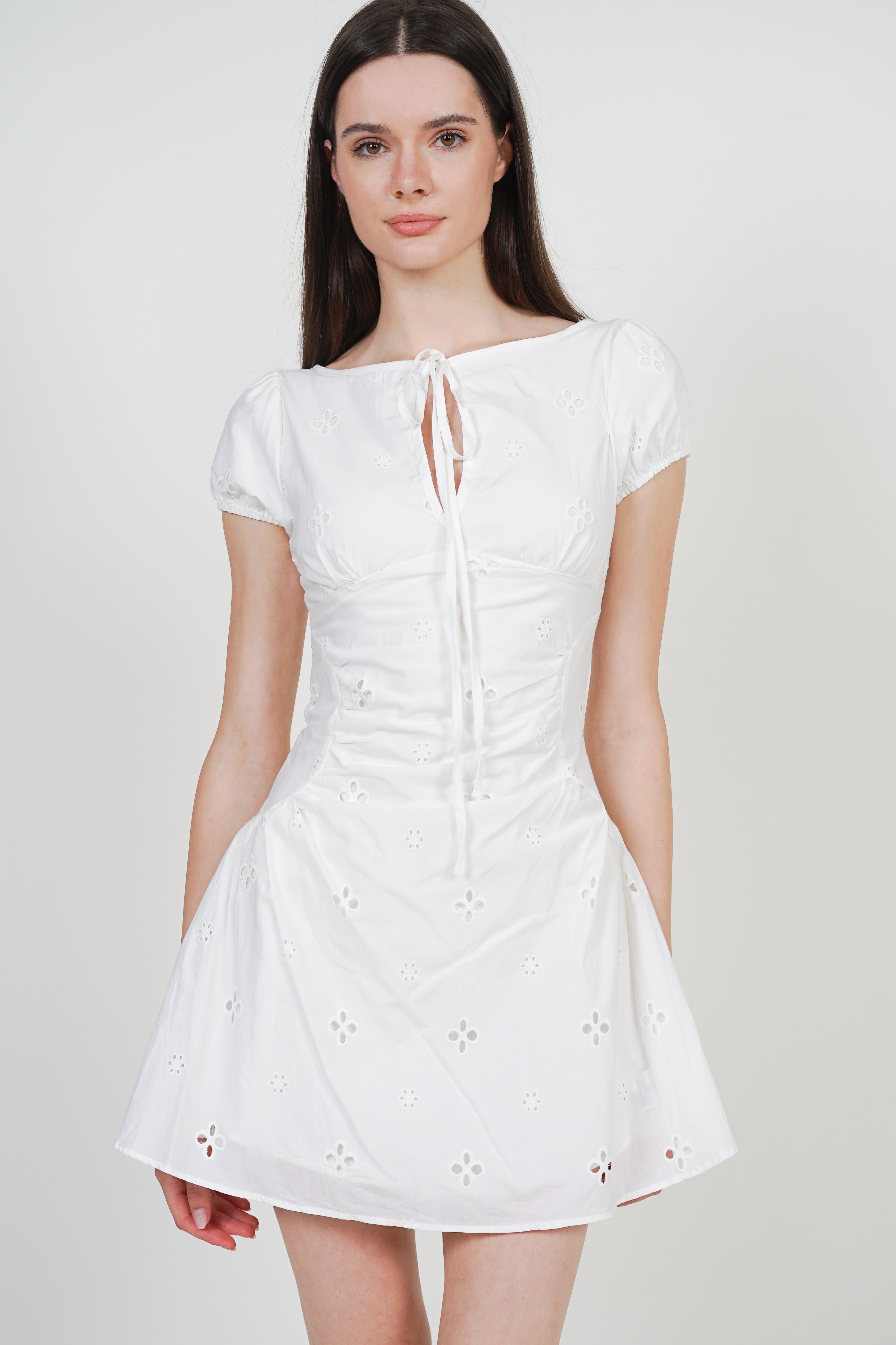 Tie Bow Slim Waist Embroidery Dress in White