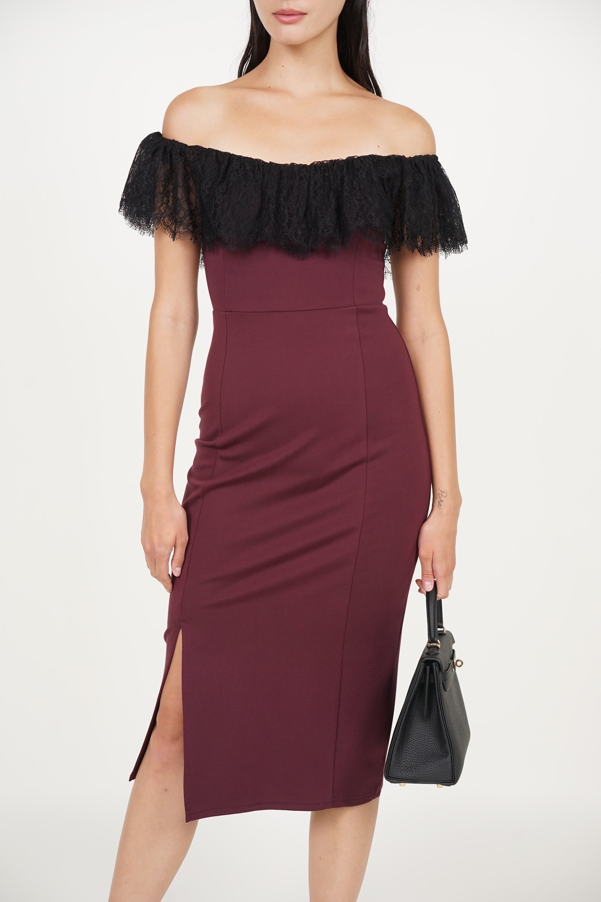 COMING SOON - Off-Shoulder Dress in Burgundy Black Lace