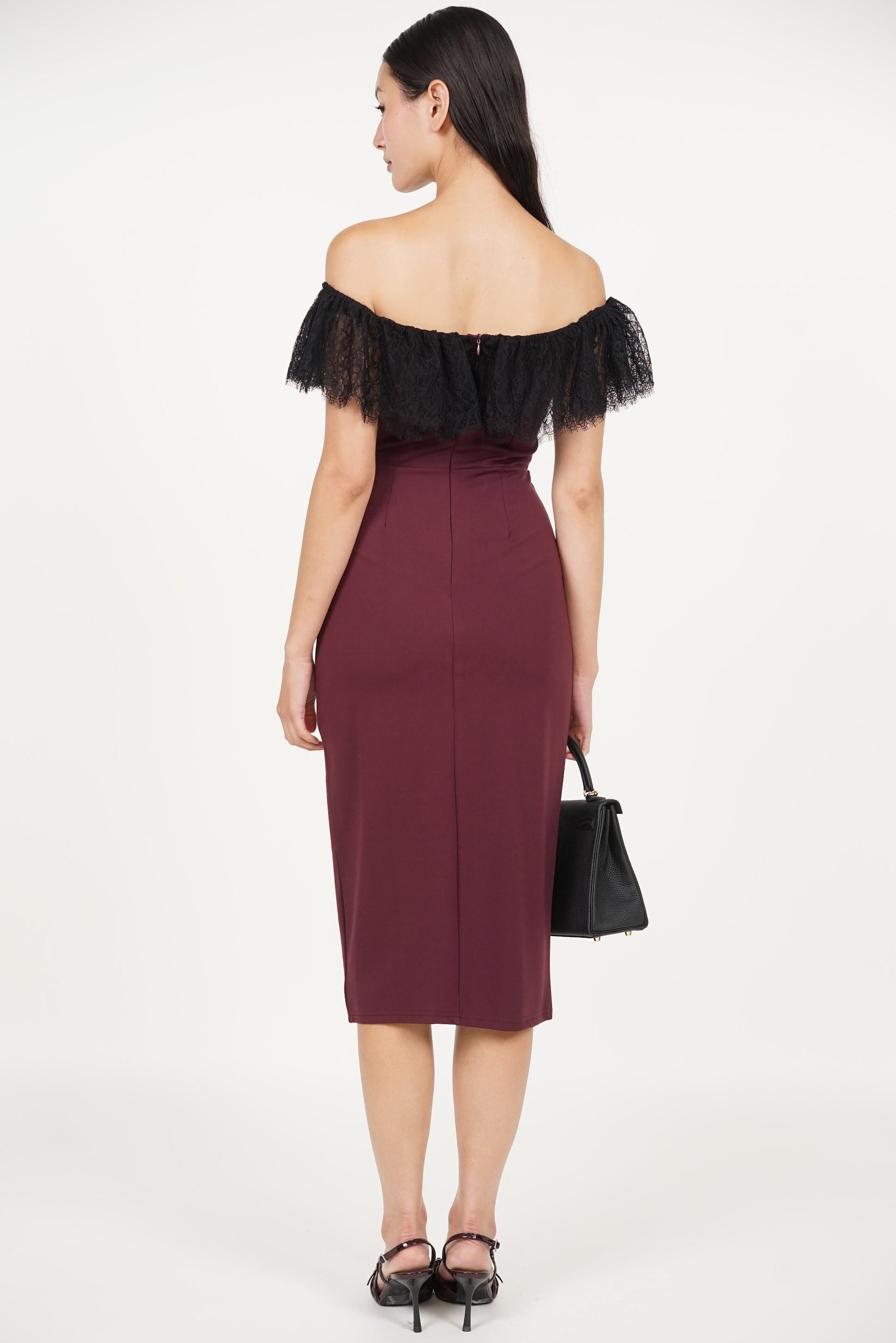 COMING SOON - Off-Shoulder Dress in Burgundy Black Lace