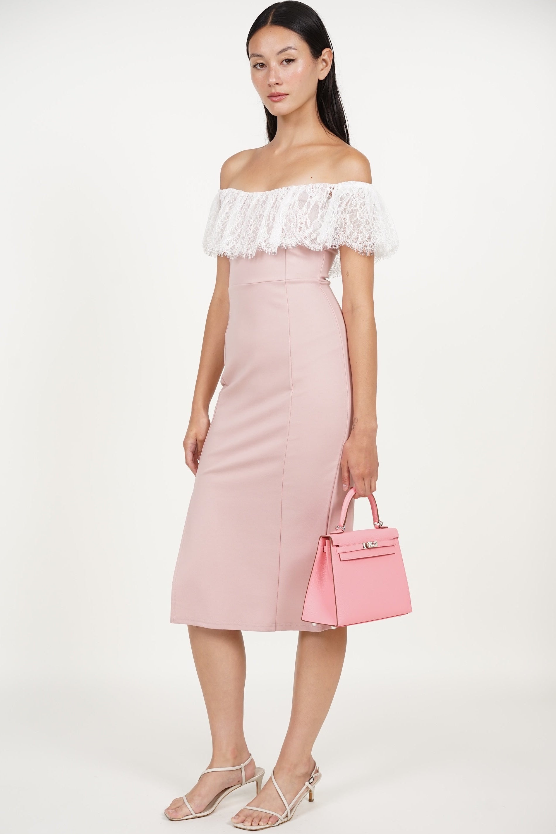 COMING SOON - Off-Shoulder Dress in Pink White Lace