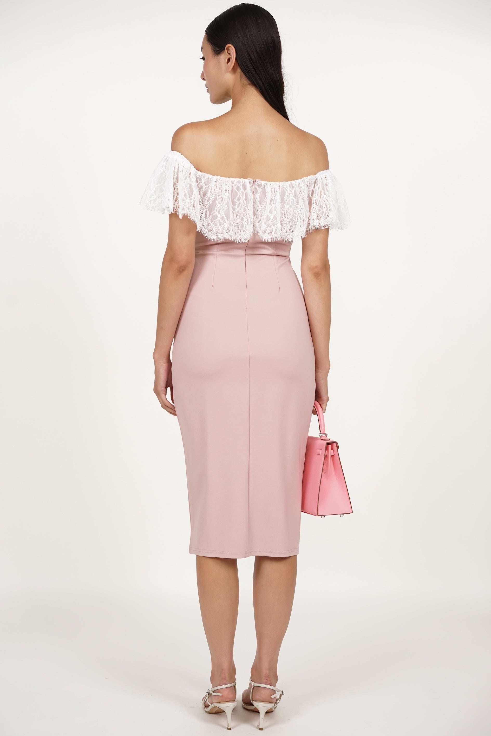 COMING SOON - Off-Shoulder Dress in Pink White Lace
