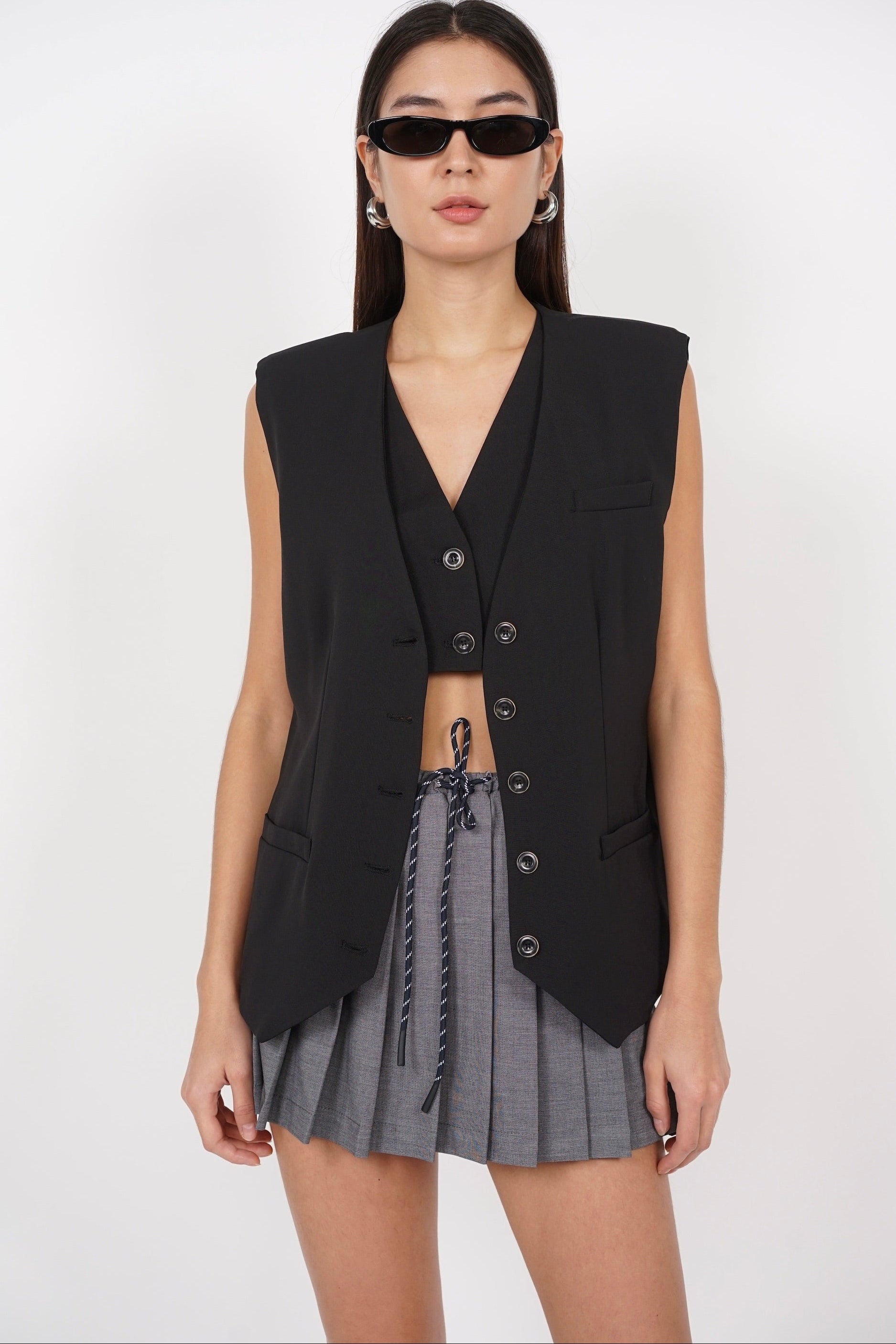 Two-Piece Layered Vest Set in Black