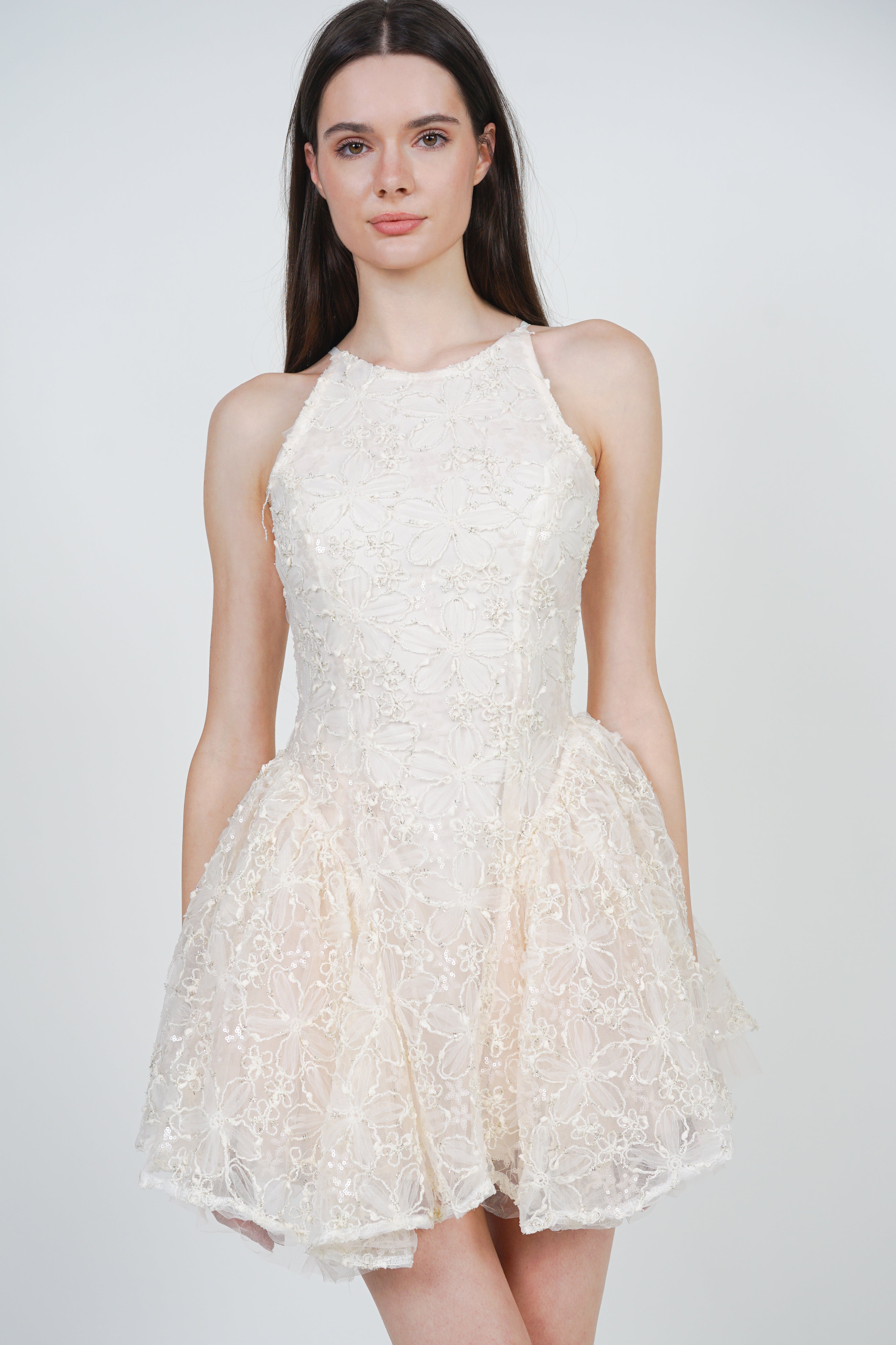 Sleeveless Side Pleated Lace Mini Dress in Apricot