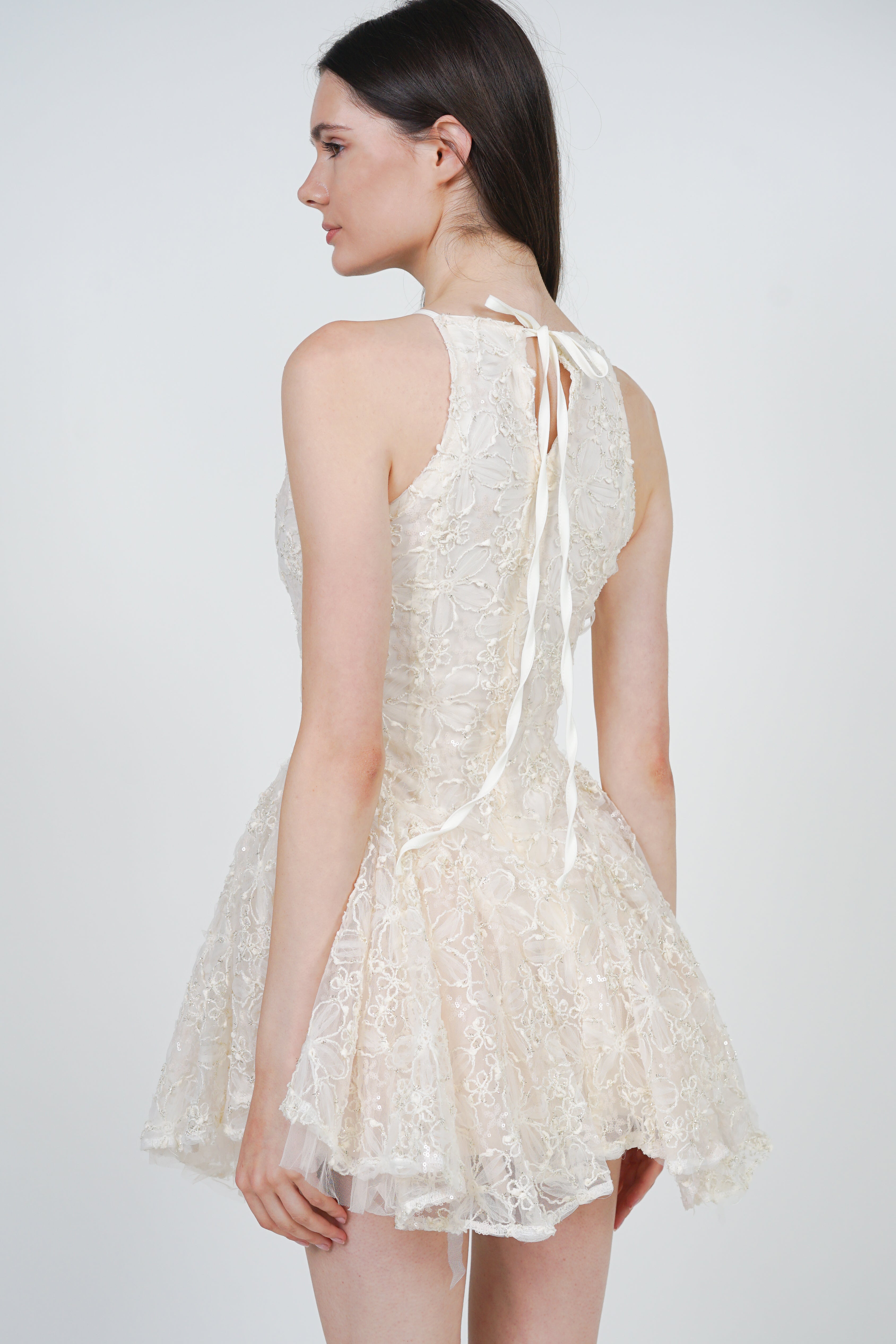 Sleeveless Side Pleated Lace Mini Dress in Apricot