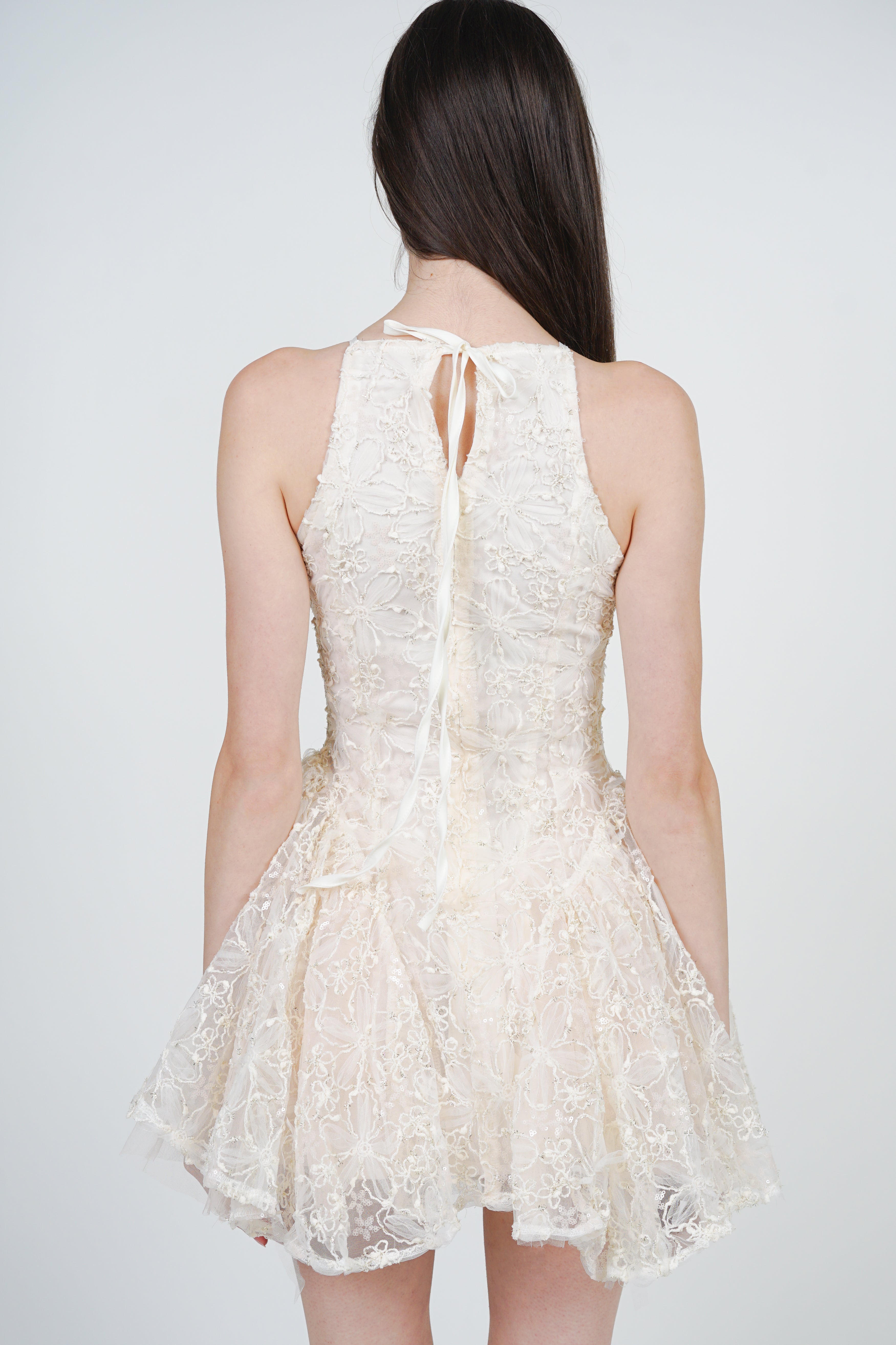 Sleeveless Side Pleated Lace Mini Dress in Apricot
