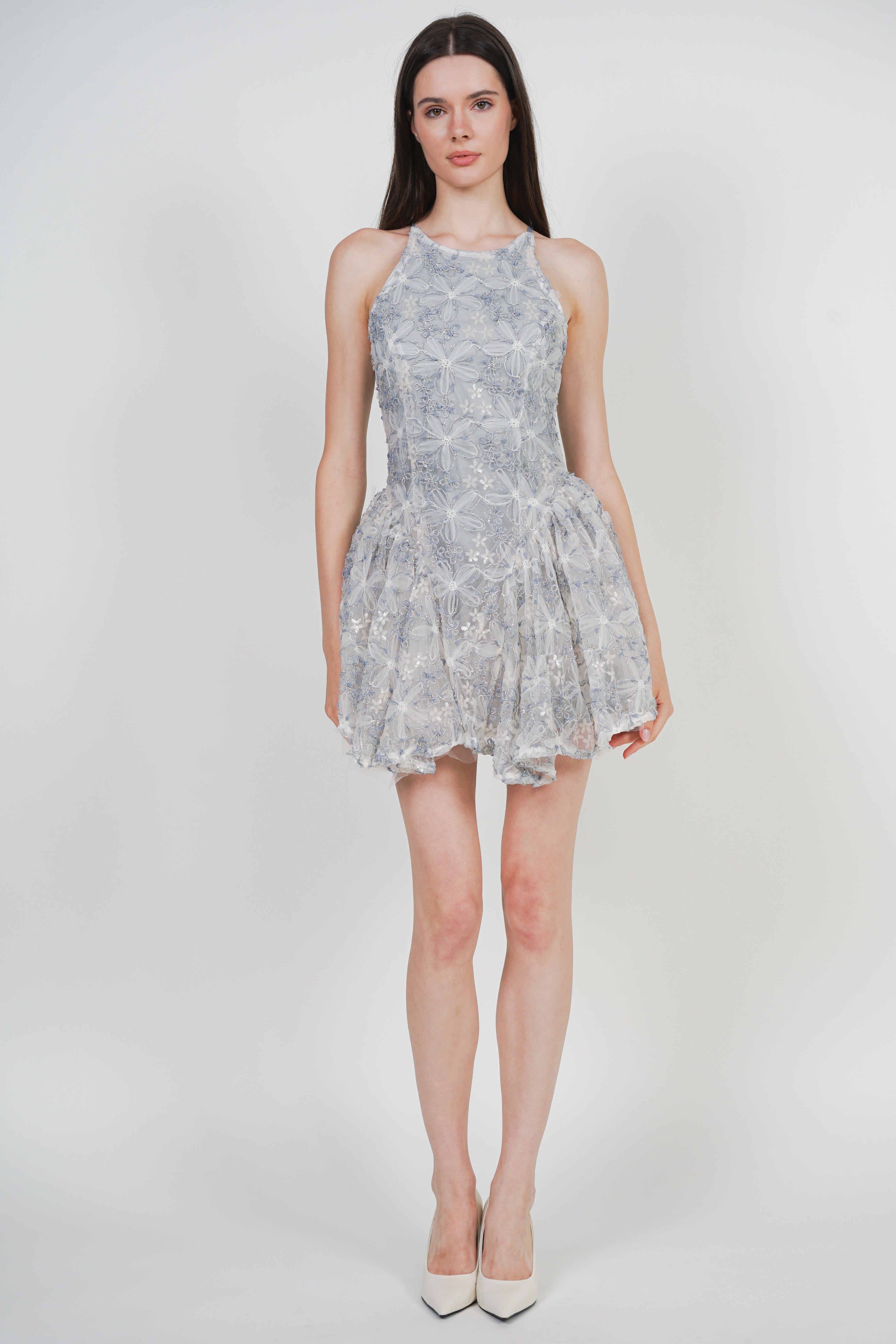 Sleeveless Side Pleated Lace Mini Dress in Blue