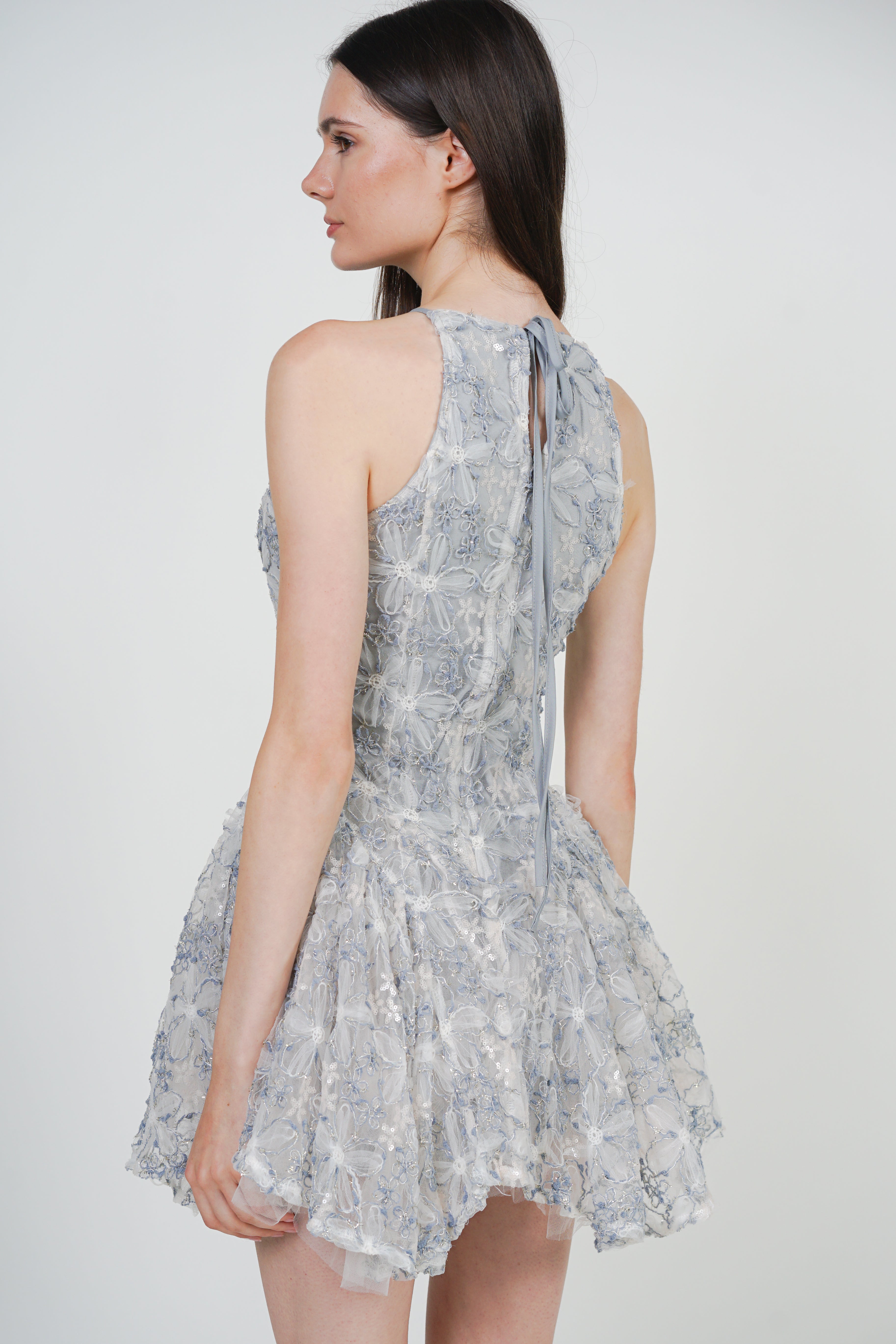 Sleeveless Side Pleated Lace Mini Dress in Blue