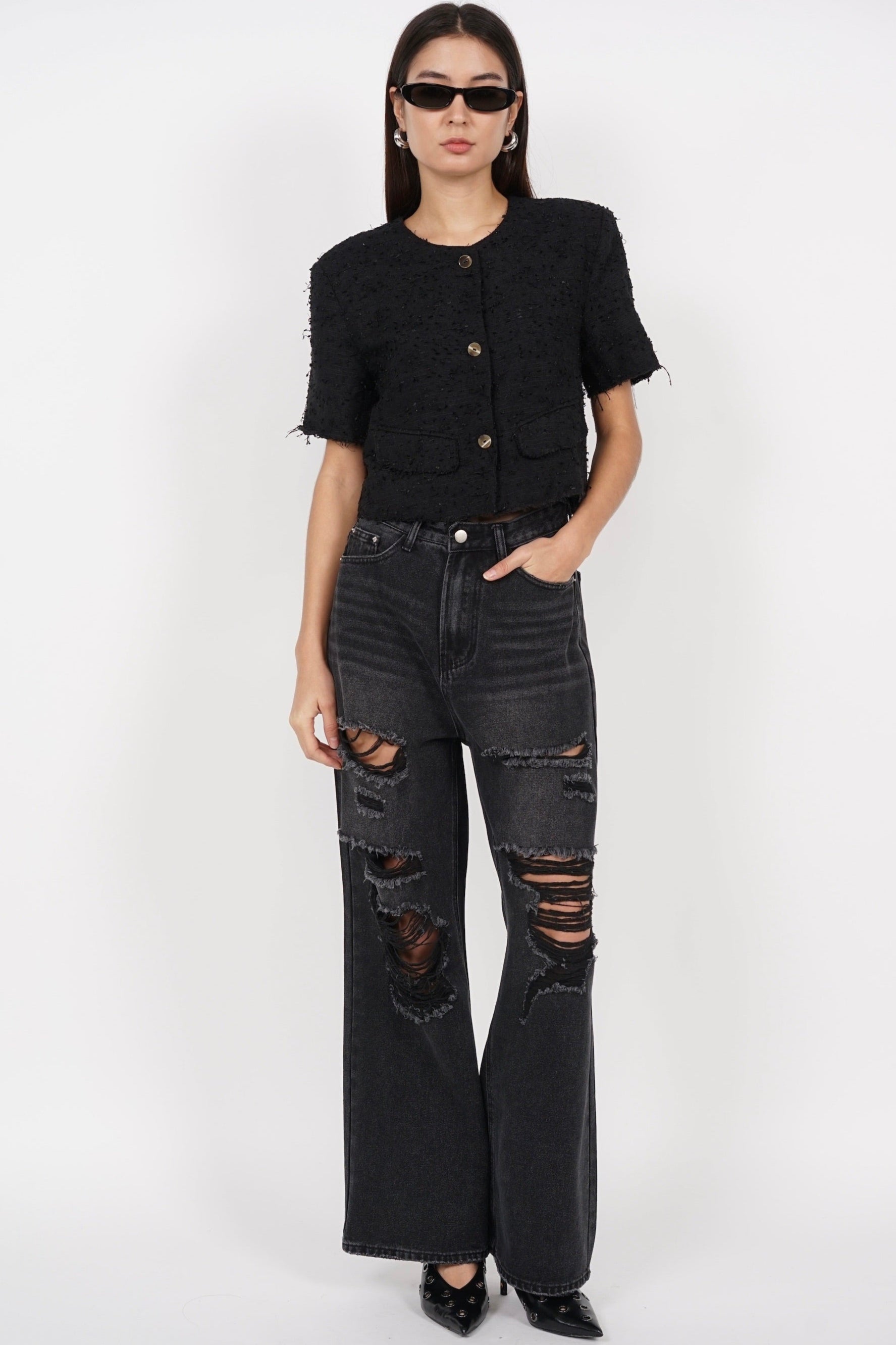 Short Sleeve Tweed Button Top in Black