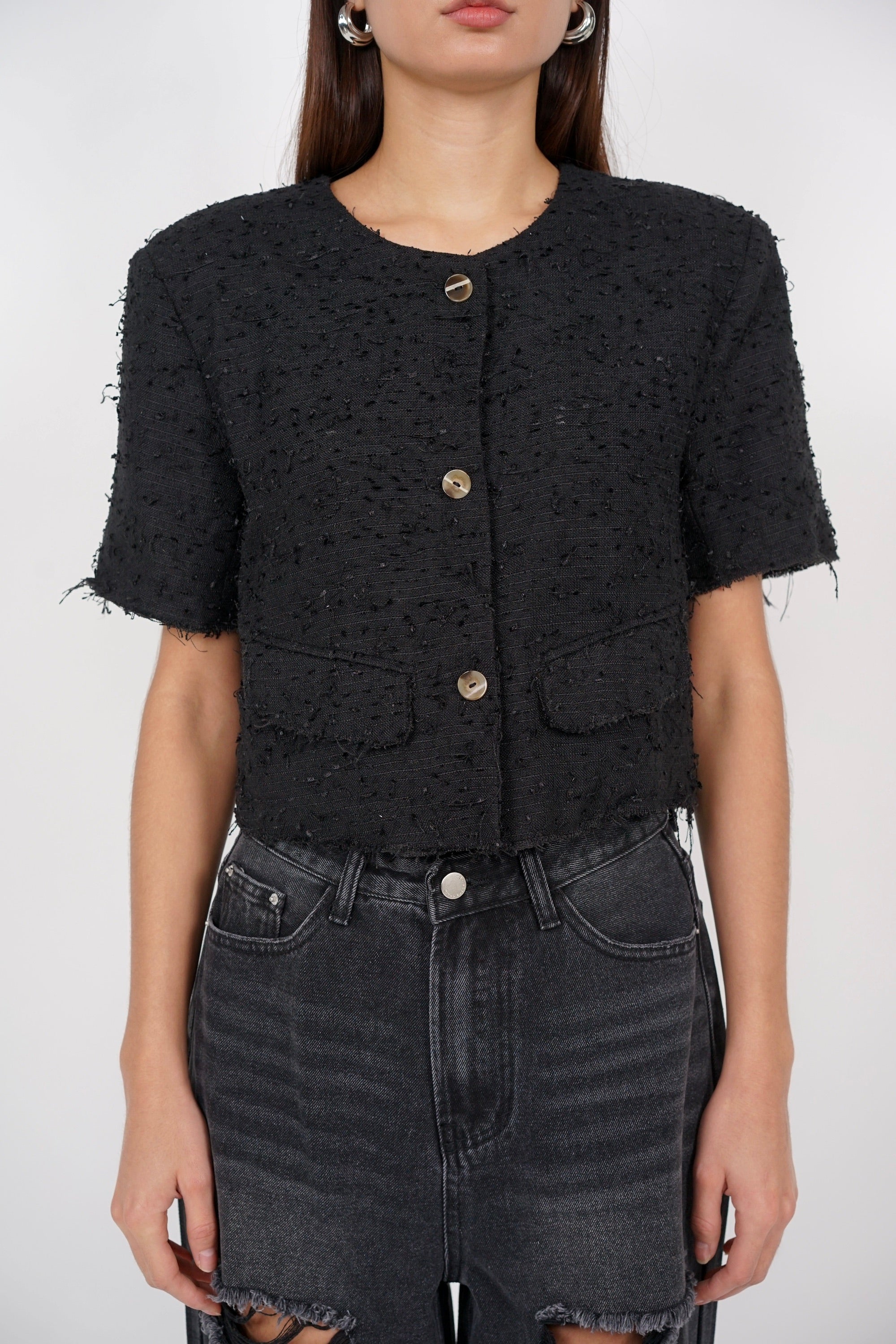 Short Sleeve Tweed Button Top in Black