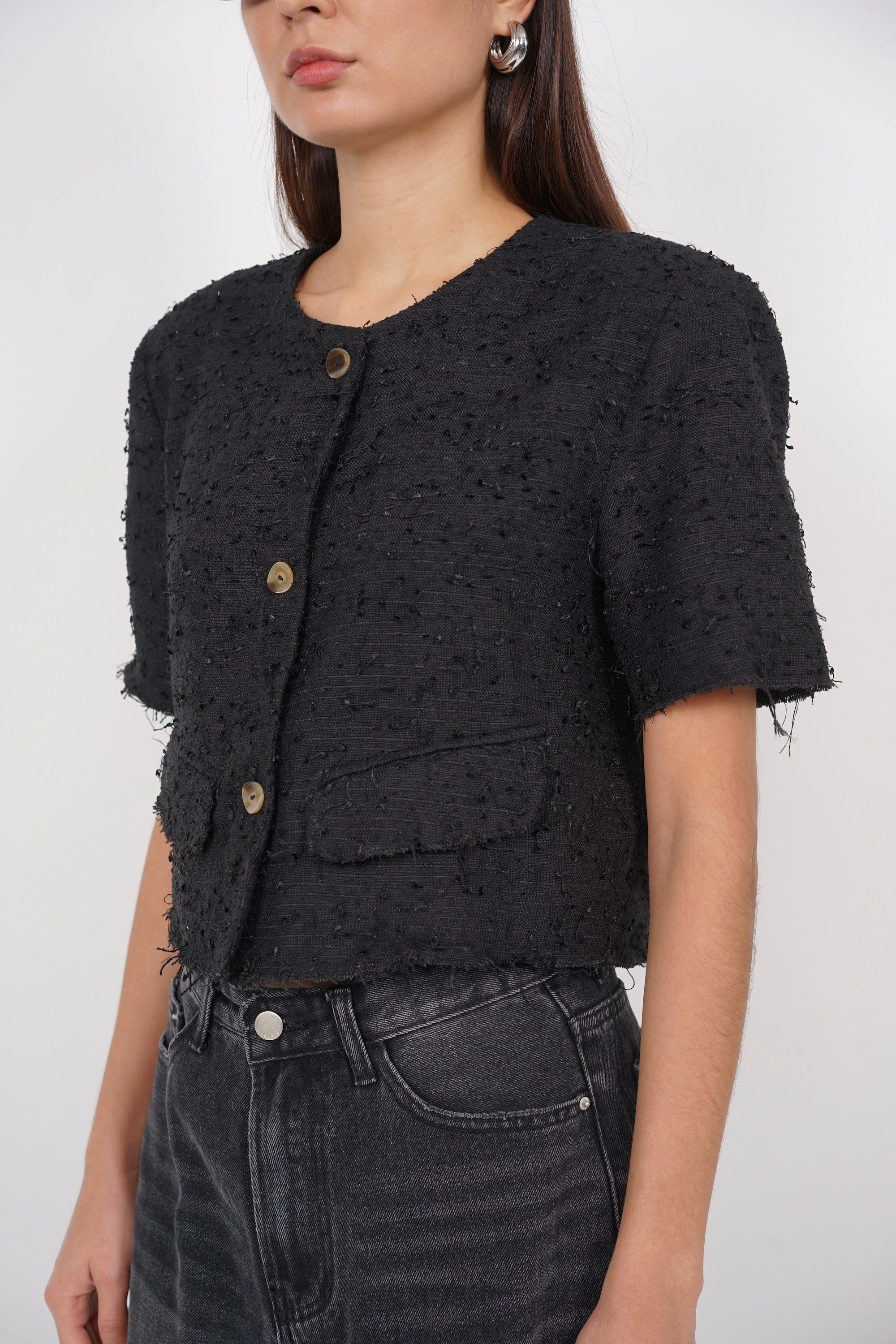 Short Sleeve Tweed Button Top in Black