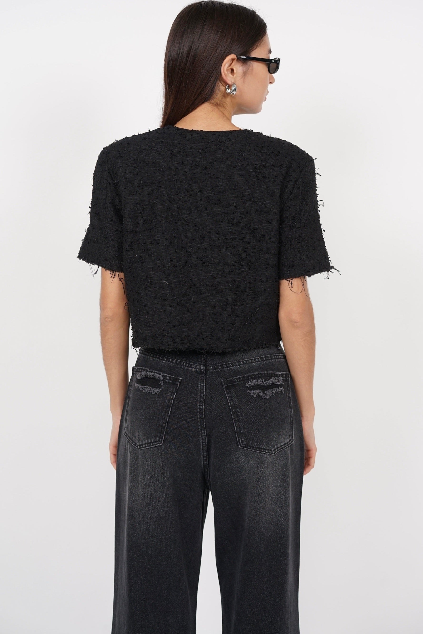 Short Sleeve Tweed Button Top in Black