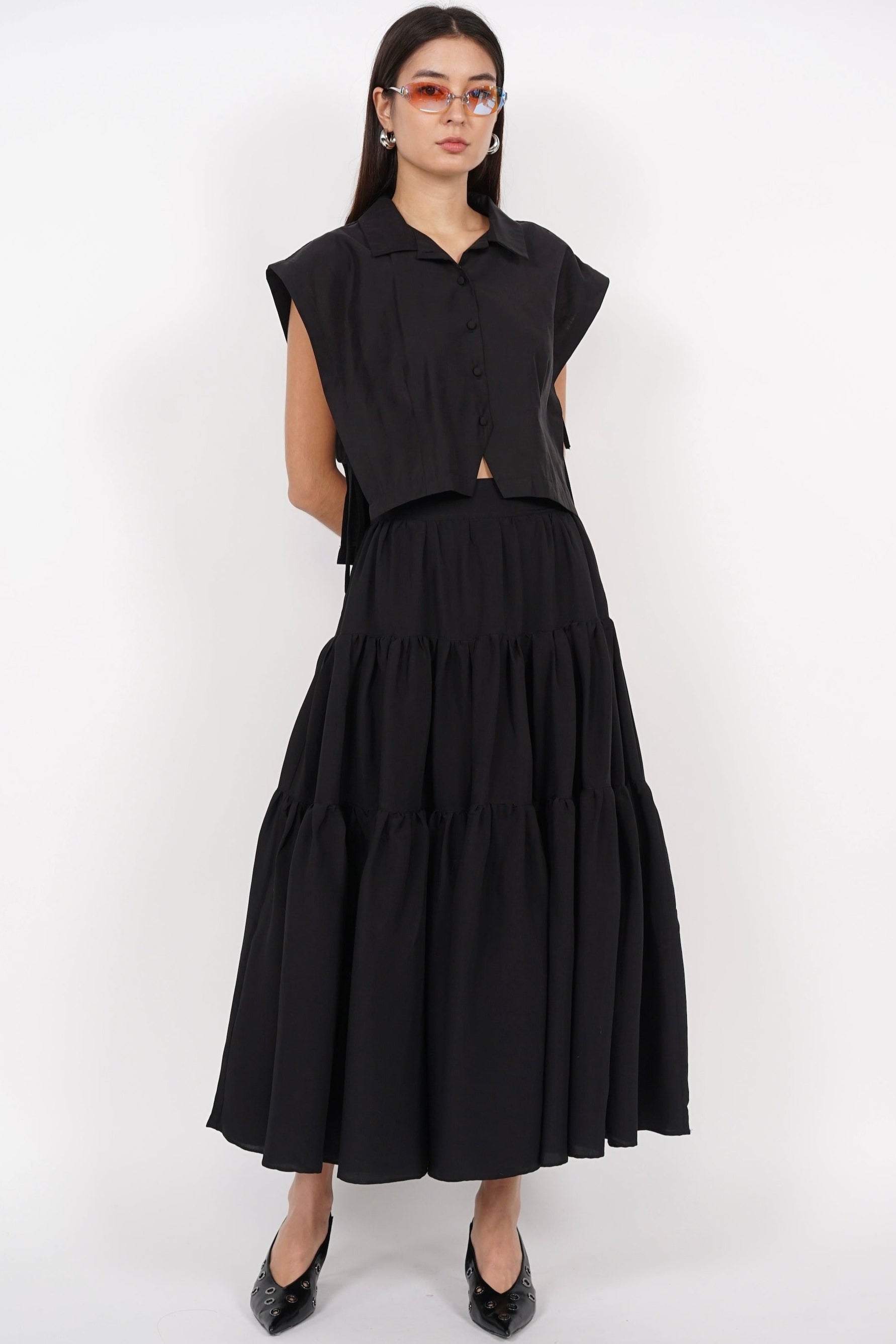 Side Tie Button Down Collar Top in Black