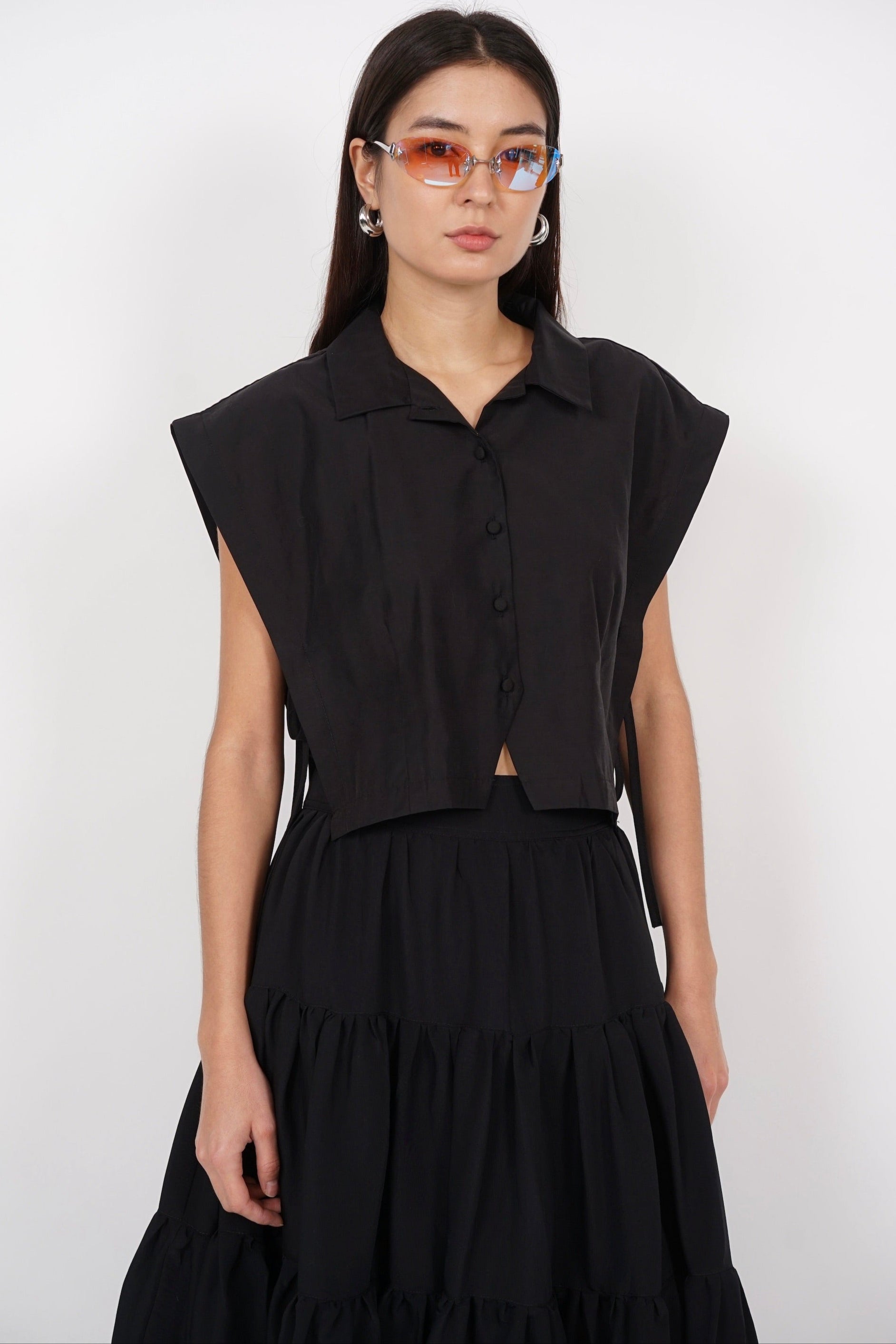 Side Tie Button Down Collar Top in Black