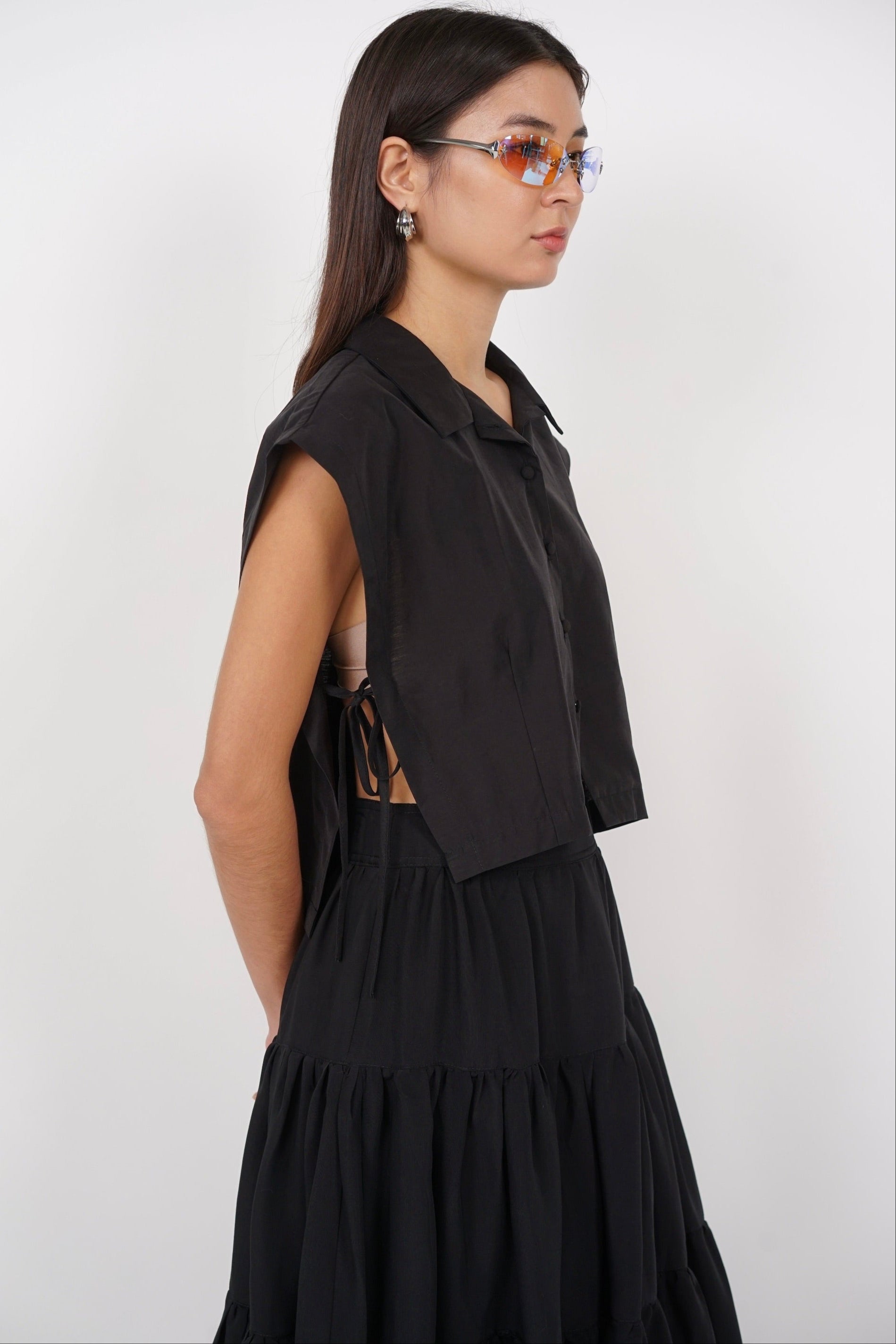 Side Tie Button Down Collar Top in Black