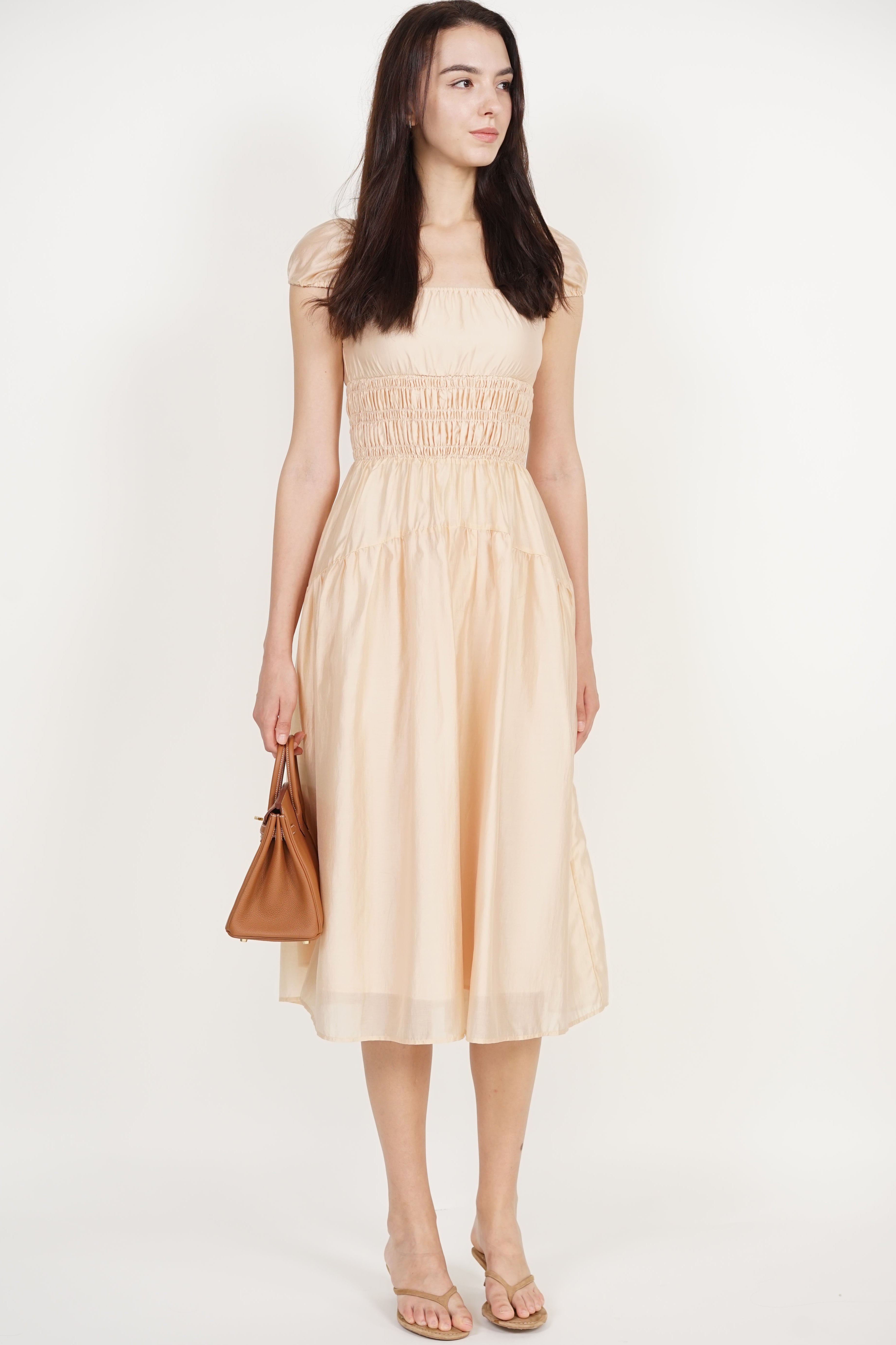 Short Sleeve Smocked Flare Dress in Light Apricot